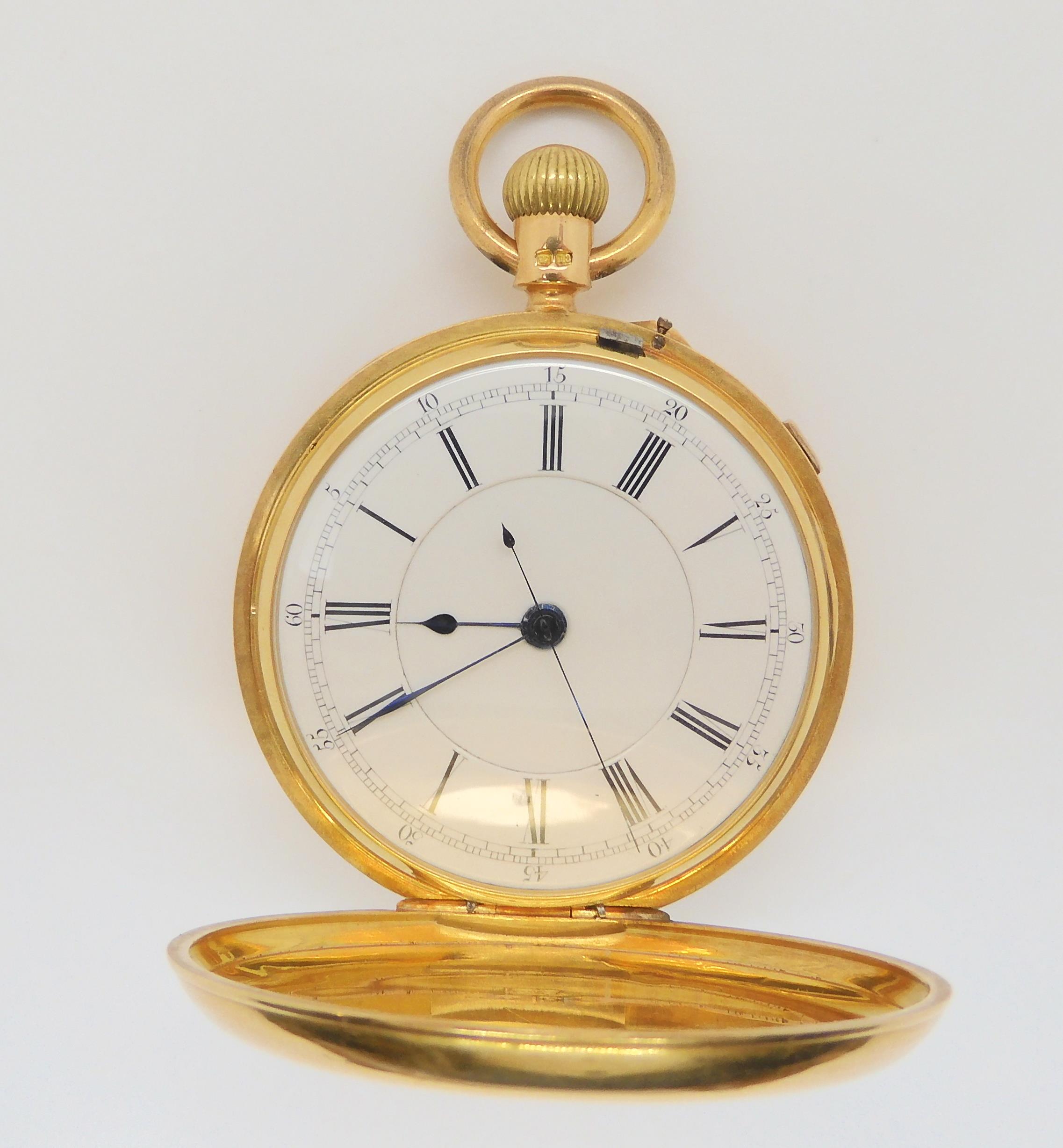 AN 18CT GOLD FULL HUNTER POCKET WATCH with monogram to outer case. White enamelled dial with black