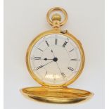 AN 18CT GOLD FULL HUNTER POCKET WATCH with monogram to outer case. White enamelled dial with black