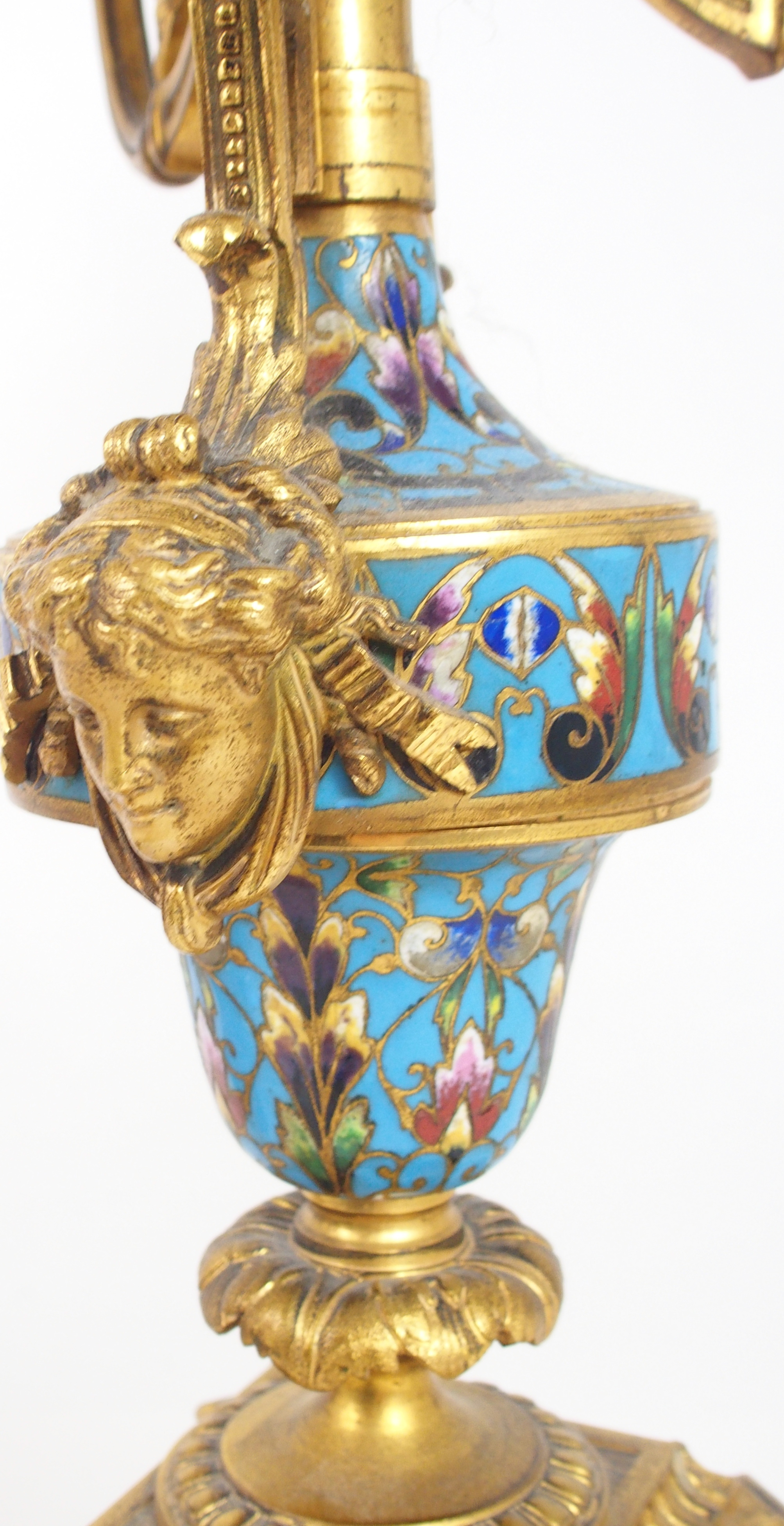 AN IMPRESSIVE 19TH CENTURY FRENCH CHAMPLEVE ENAMEL MANTLE CLOCK the urn mounted top with griffin han - Image 13 of 15