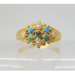 AN 18CT GOLD VINTAGE RING set with turquoise, pearls and a clear gem, the shank engraved with