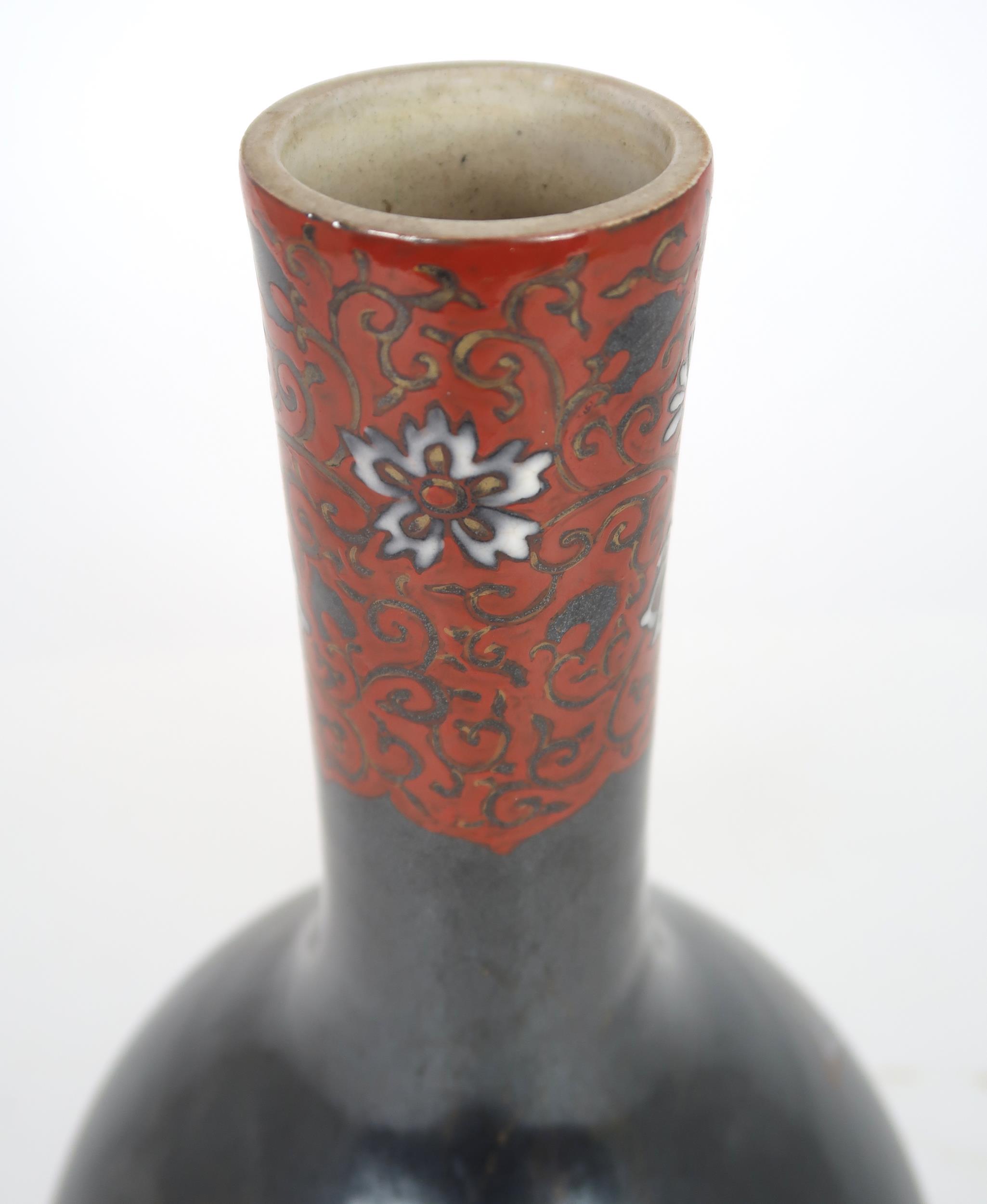 A CHINESE BALUSTER VASE  Painted with polychrome colours on a dark ground with birds amongst - Image 4 of 9