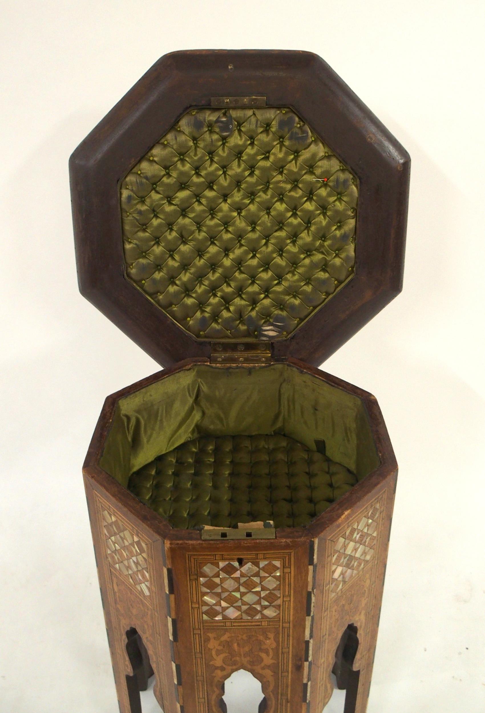 AN EARLY 20TH CENTURY MOORISH STYLE SEWING TABLE IN THE MANNER OF LIBERTY OF LONDON with octagonal - Image 3 of 7