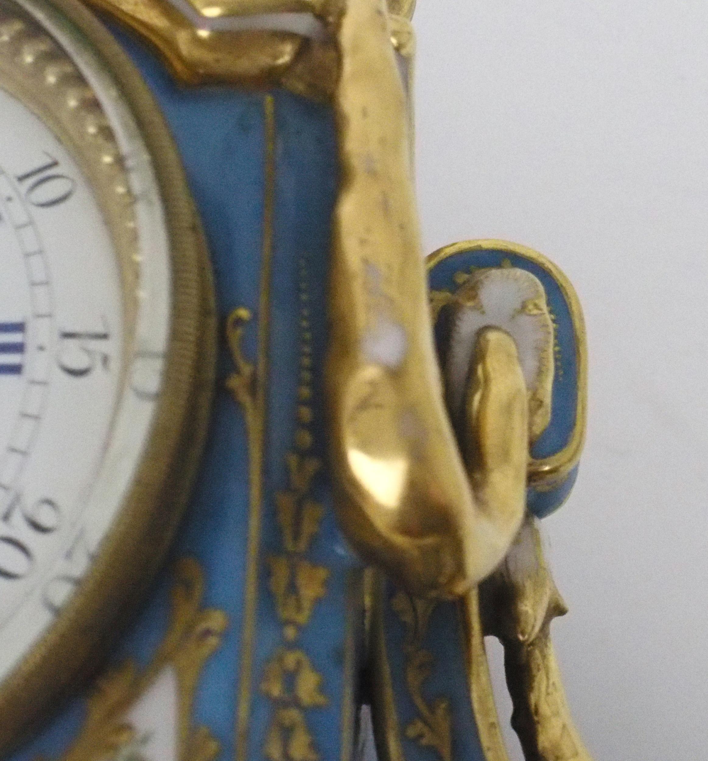 A SEVRES STYLE PORCELAIN MANTLE CLOCK the circular white enamel dial, with blue roman numerals and - Image 11 of 12