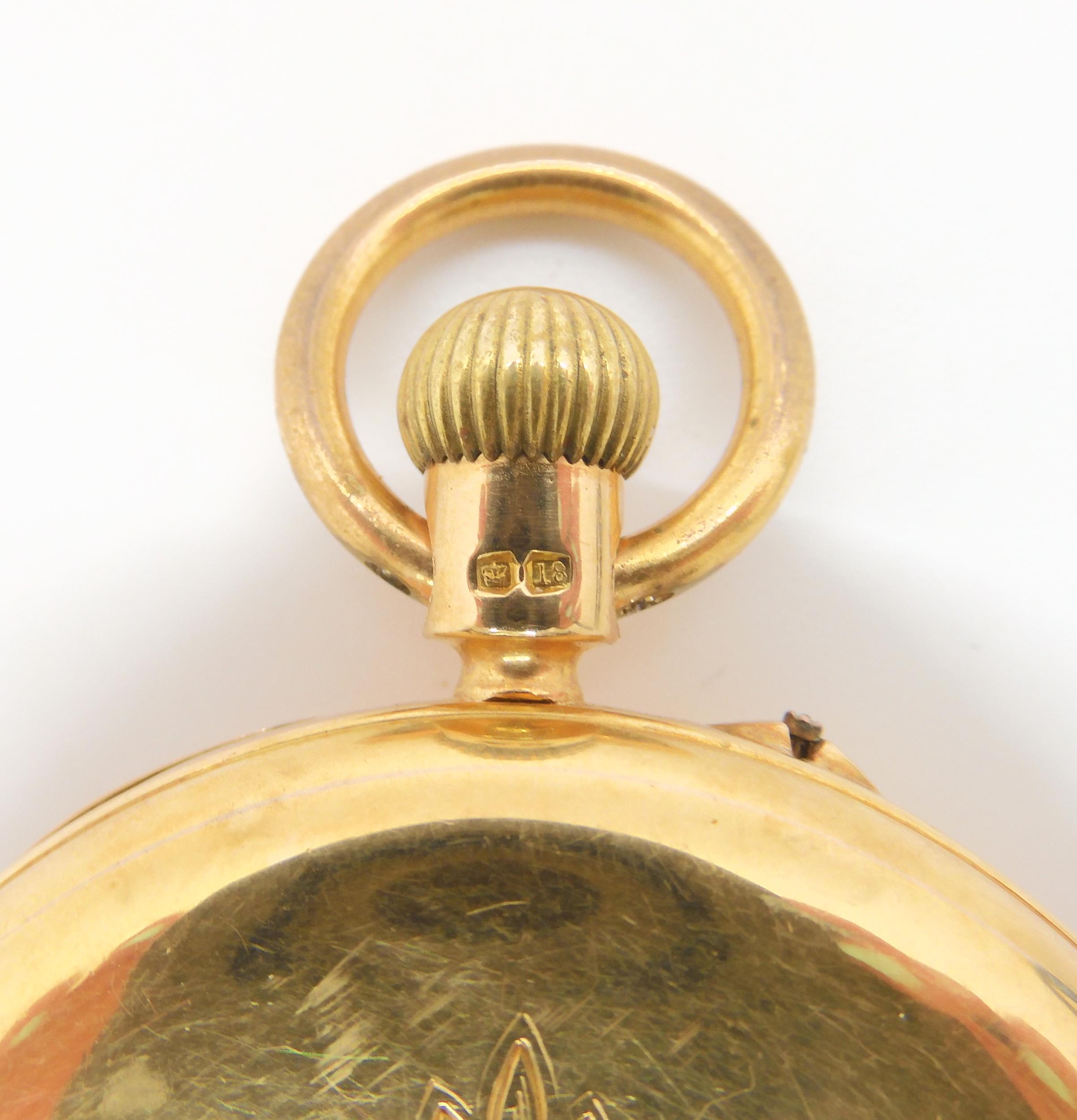 AN 18CT GOLD FULL HUNTER POCKET WATCH with monogram to outer case. White enamelled dial with black - Image 7 of 7