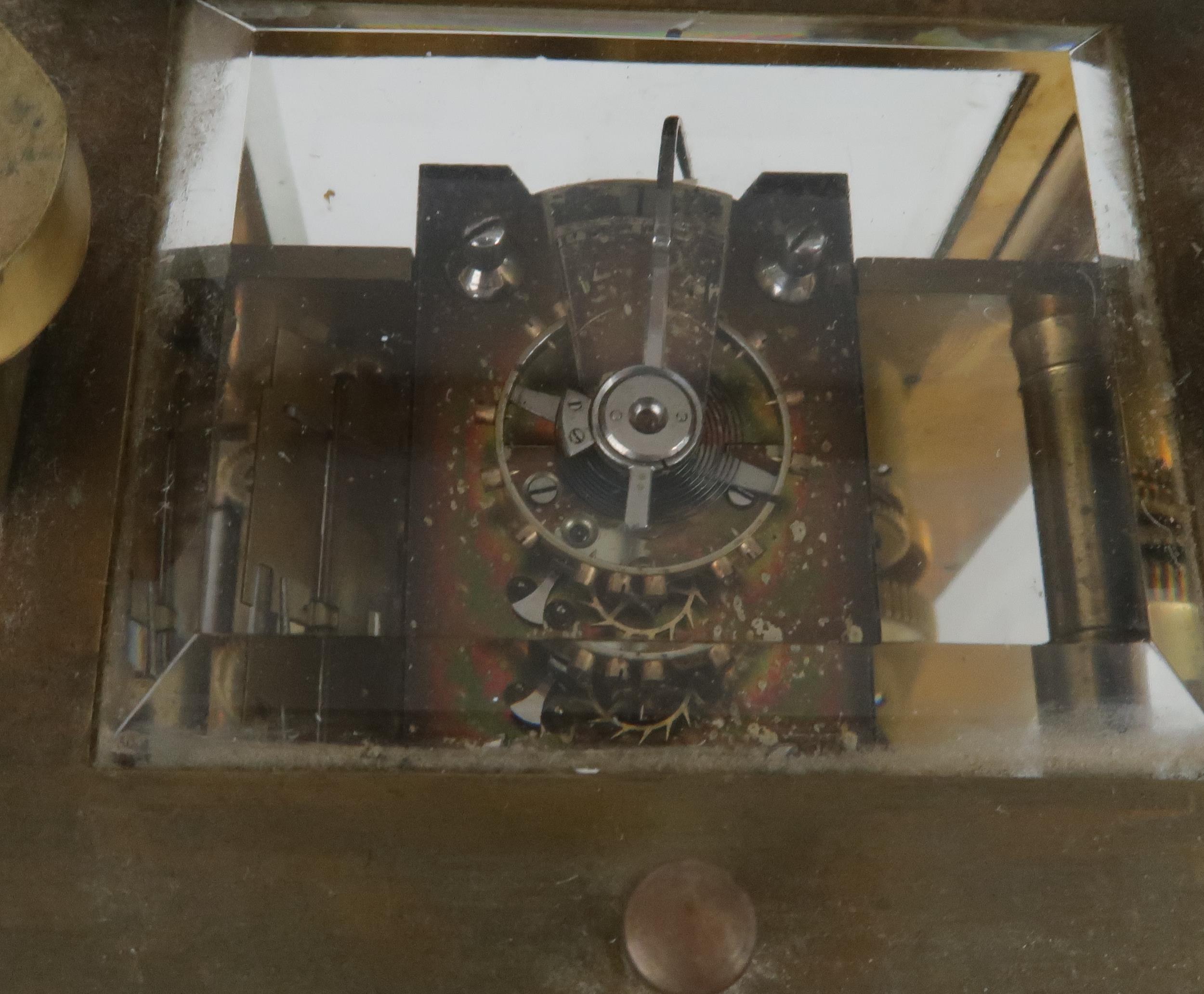 A FRENCH BRASS AND GLASS REPEATING CARRIAGE CLOCK the gilded face with applied column and arch - Image 5 of 5