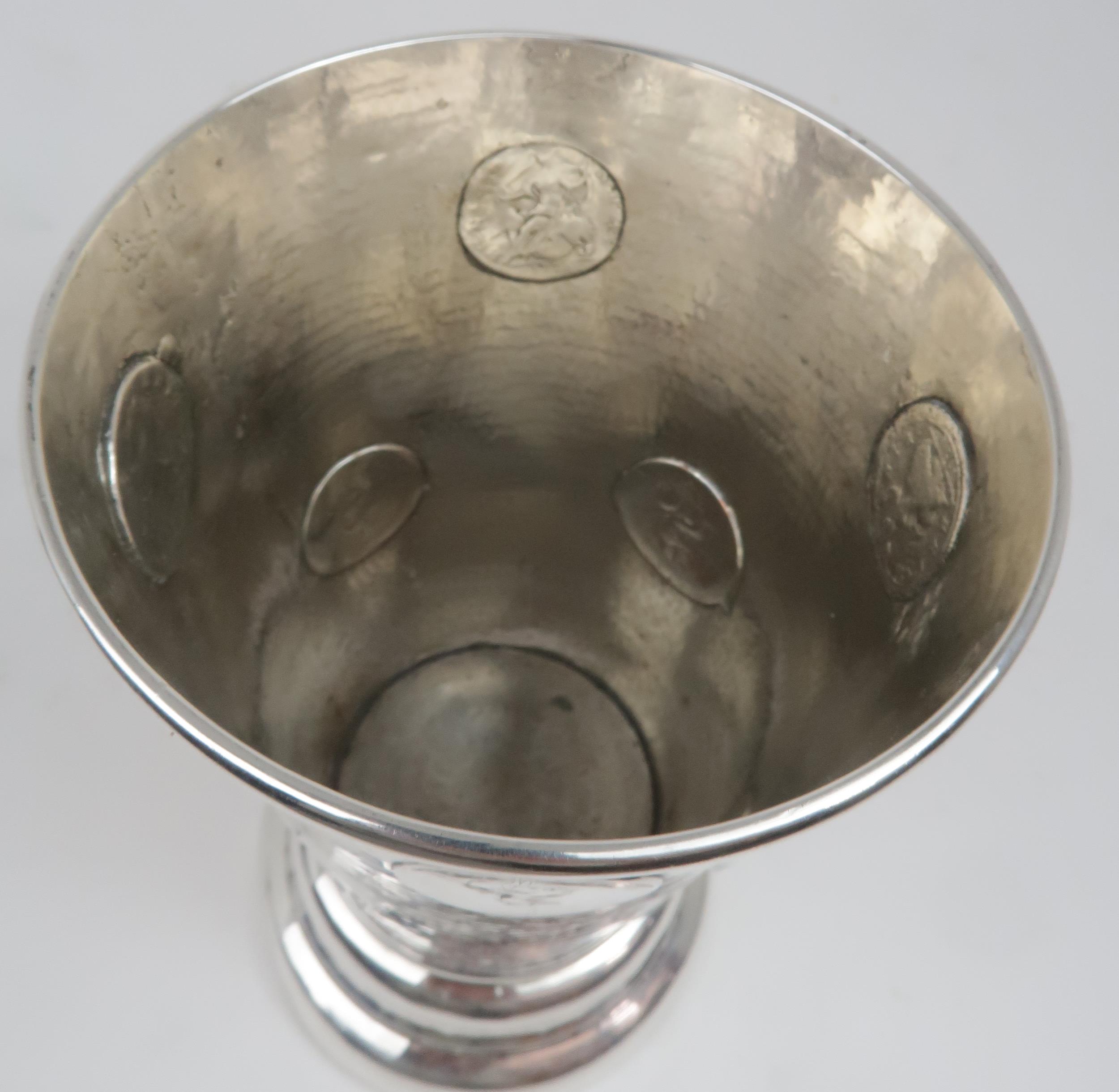 A WHITE METAL TAVERN BEAKER  of flaring cylindrical form, the body engraved with a crest featuring - Image 5 of 6