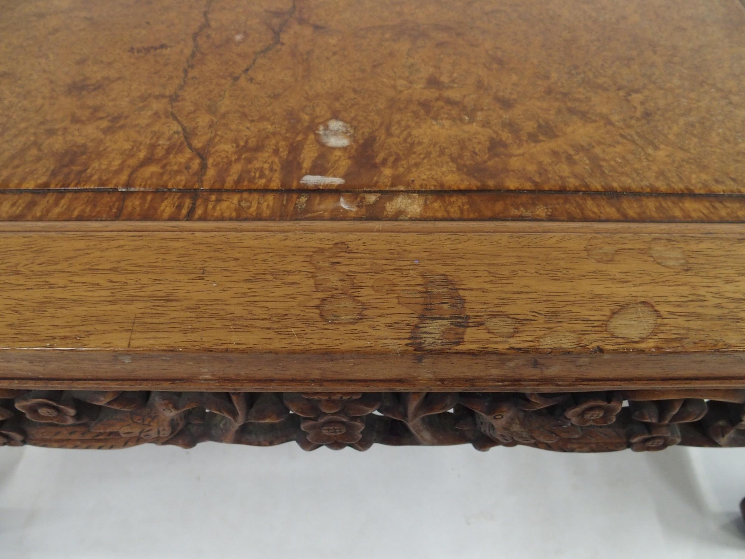 A 20TH CENTURY CHINESE HARDWOOD LOW TABLE with central birds eye maple panel, carved floral fretwork - Image 5 of 7