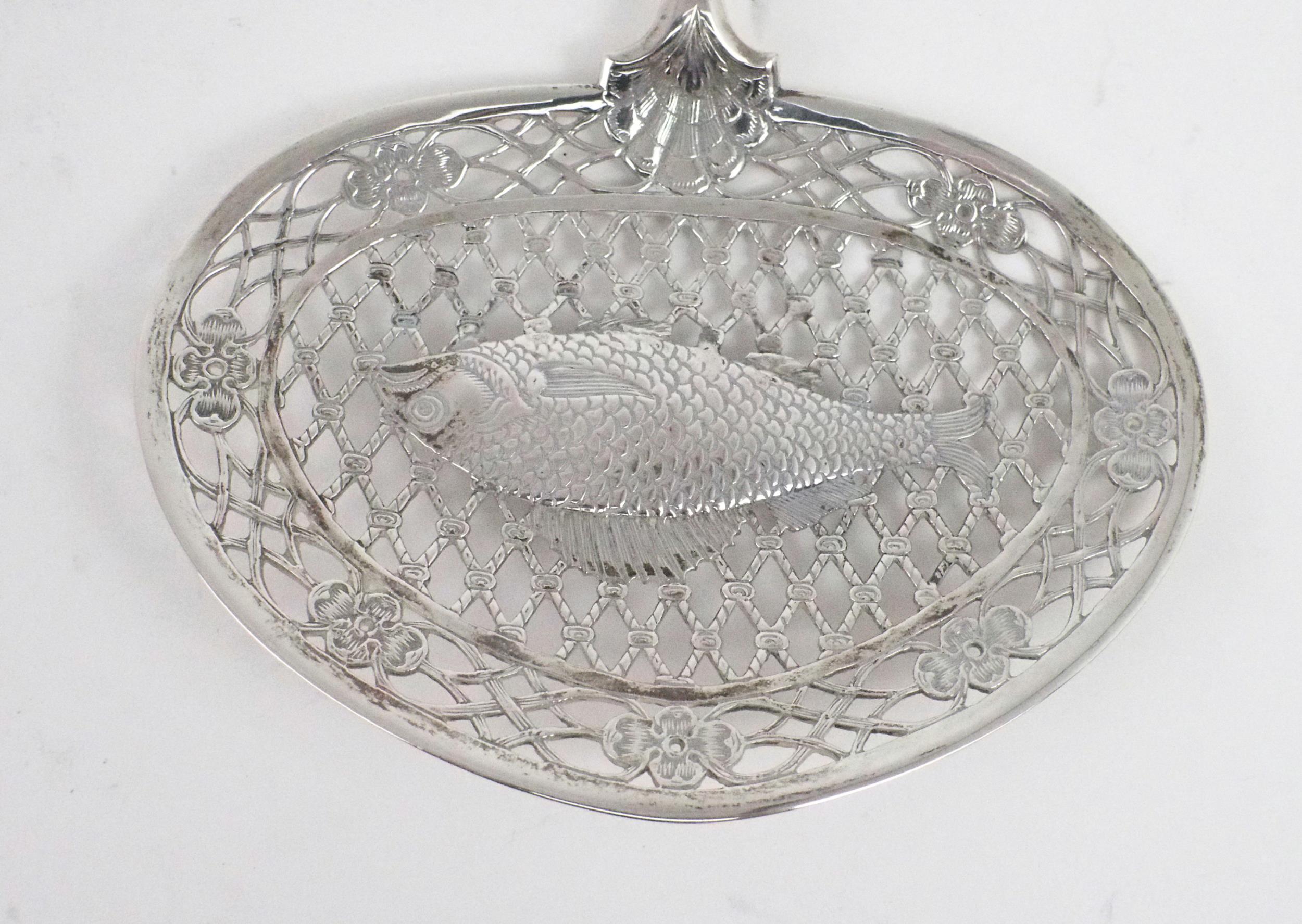 A DUTCH SILVER FISH SLICE the bowl of reticulated oval form resembling a fish caught in a net, - Image 3 of 7