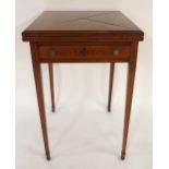 AN EDWARDIAN MAHOGANY ENVELOPE CARD TABLE with each folding section painted with ribbons and