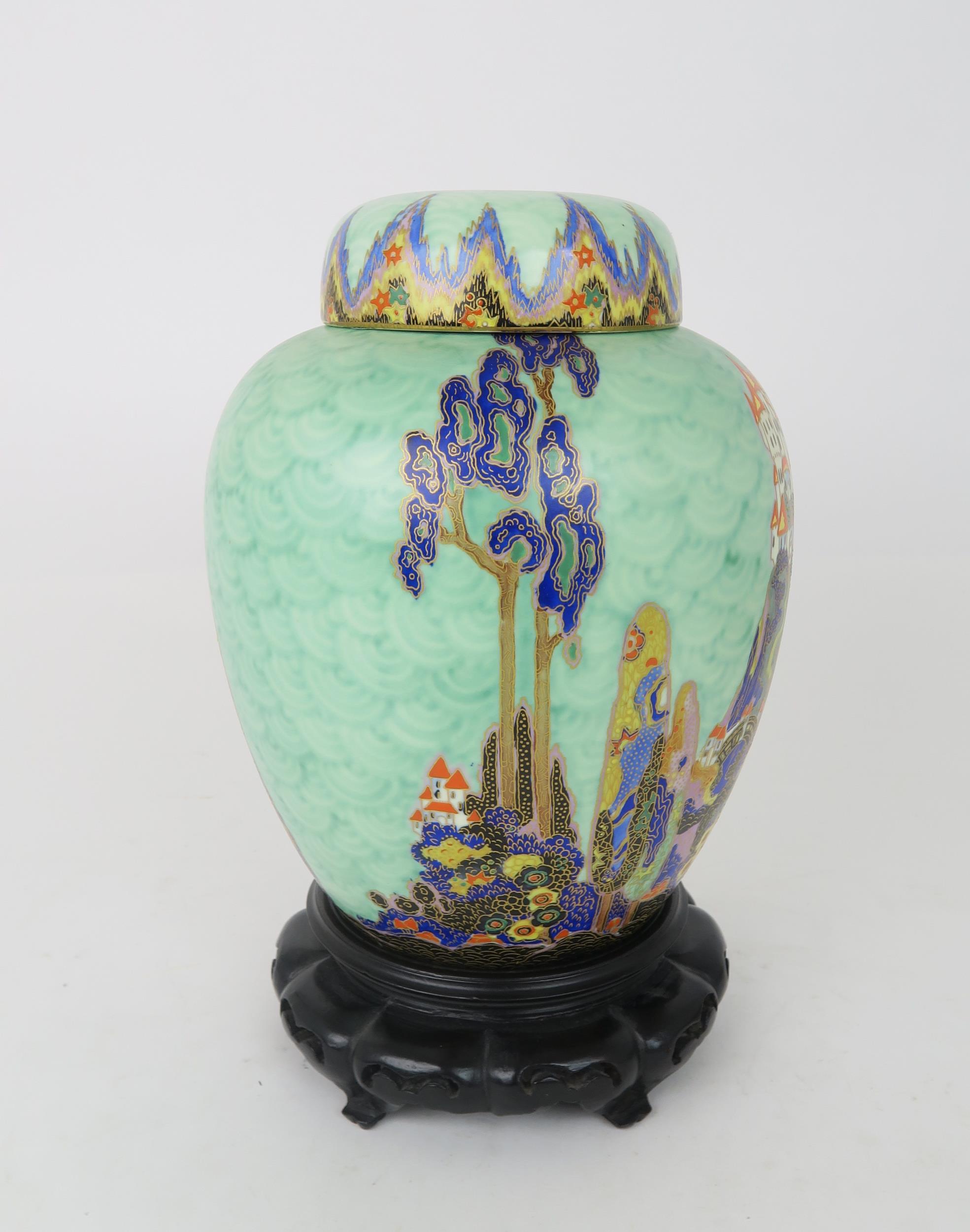 AN ART DECO CROWN DEVON MATTAJADE GINGER JAR AND COVER decorated in Fairy Castle pattern 23cm - Image 3 of 5