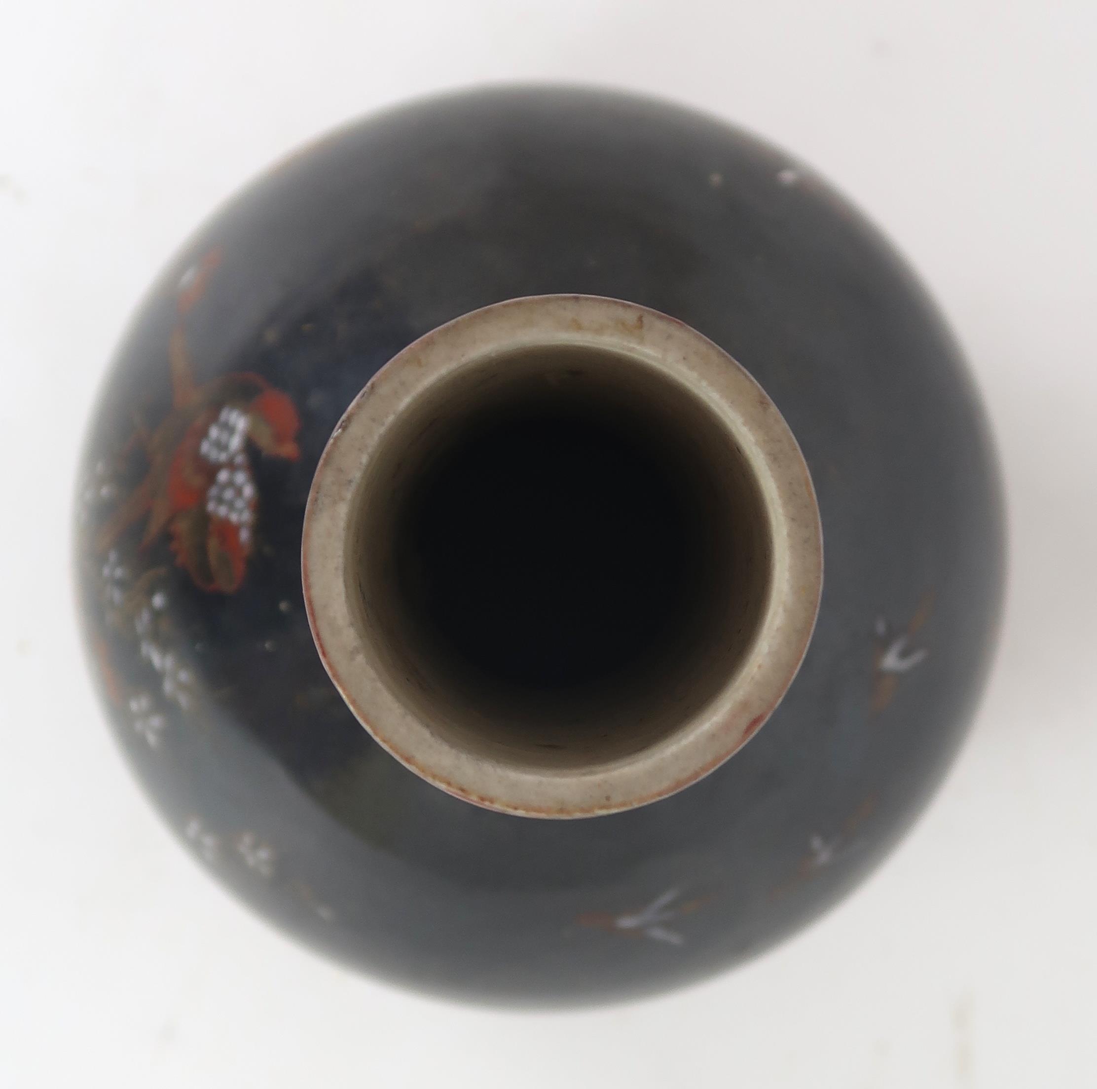 A CHINESE BALUSTER VASE  Painted with polychrome colours on a dark ground with birds amongst - Image 5 of 9
