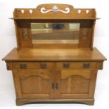 AN EARLY 20TH CENTURY OAK MAPLE & CO ARTS AND CRAFT MIRROR BACK SIDEBOARD with pierced surmount