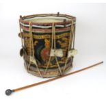 AN EARLY C20th ROPE-TUNED CALFSKIN REGIMENTAL SIDE DRUM Polychrome decorated with the arms and