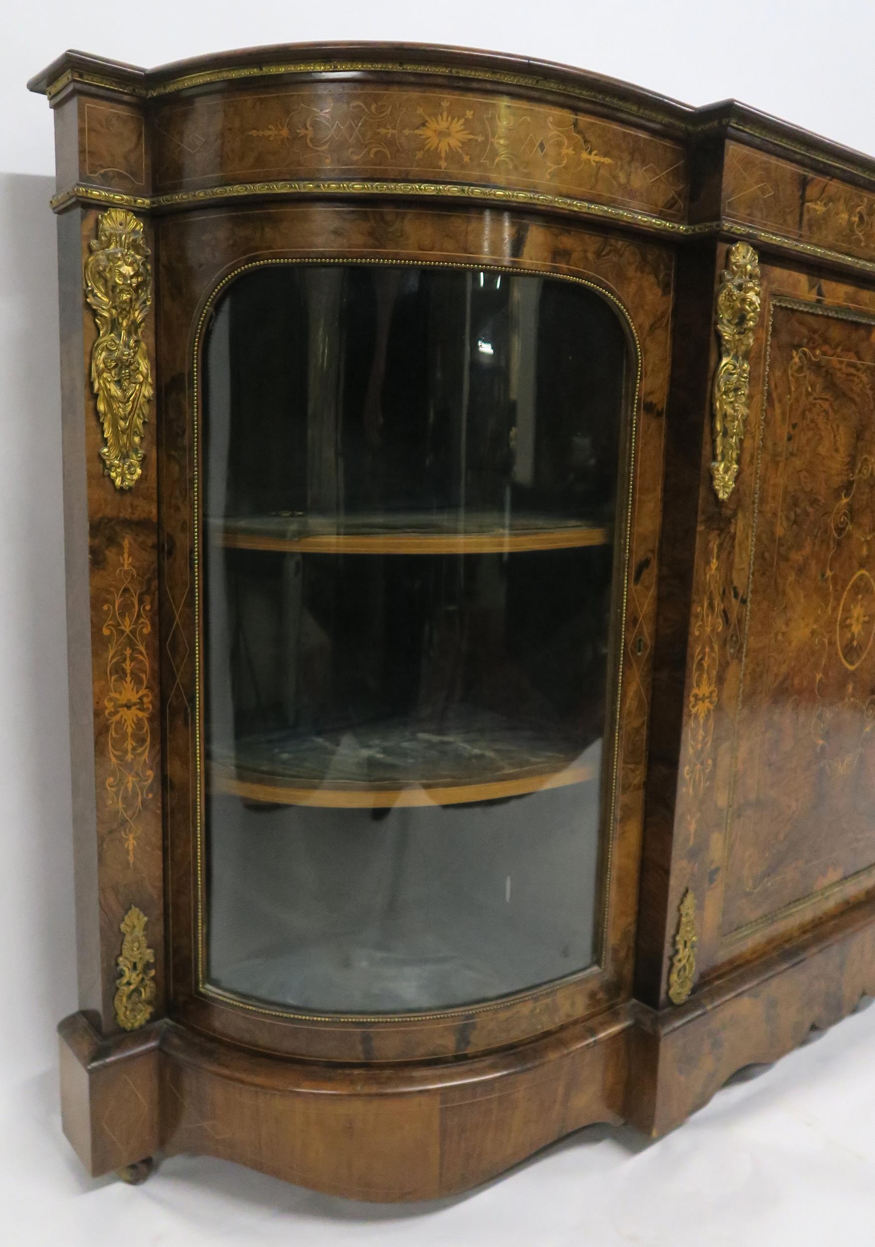 A VICTORIAN BURR WALNUT AND SATINWOOD INLAID CREDENZA with central cabinet door flanked by curved - Image 10 of 18