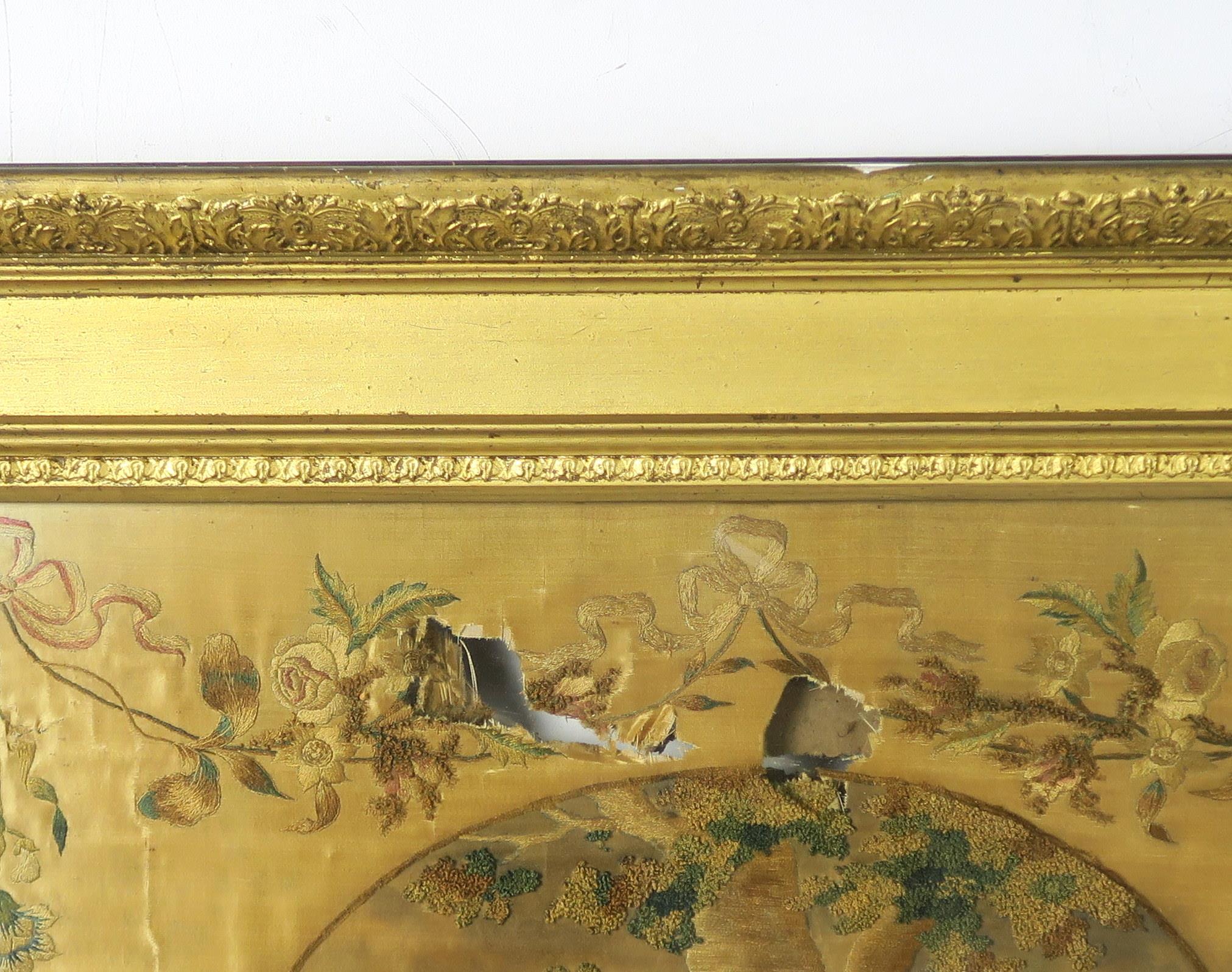TWO REGENCY SILKWORK PANELS In heavy gilt and gesso frames, one depicting a courting couple in a - Image 3 of 6