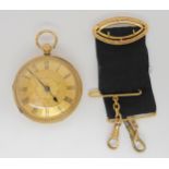 AN 18CT GOLD OPEN FACE POCKET WATCH with all over floral engraving. Gold coloured dial with black