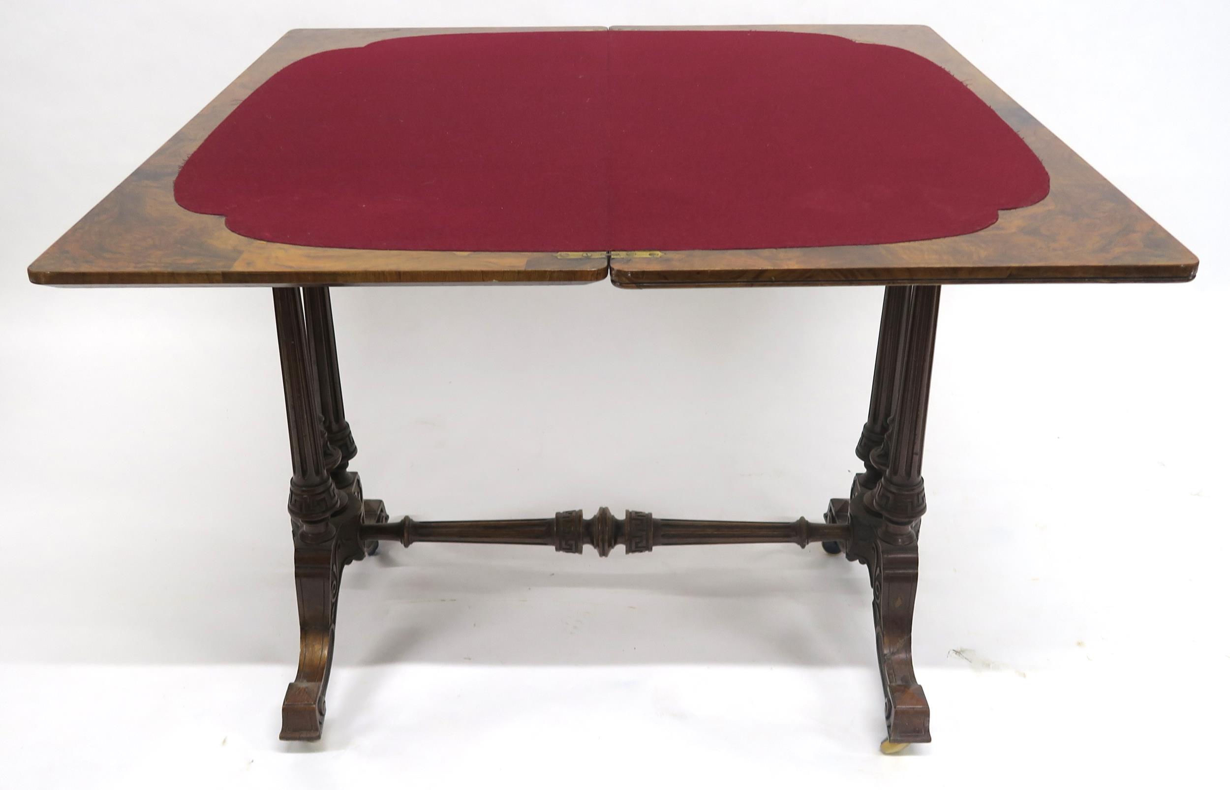 A VICTORIAN BURR WALNUT FOLD-OVER CARD TABLE with rectangular quarter-veneered top concealing shaped - Image 6 of 9