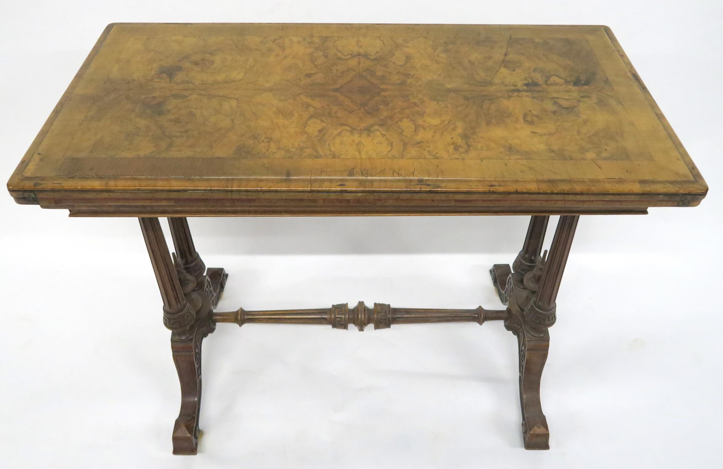 A VICTORIAN BURR WALNUT FOLD-OVER CARD TABLE with rectangular quarter-veneered top concealing shaped - Image 2 of 9