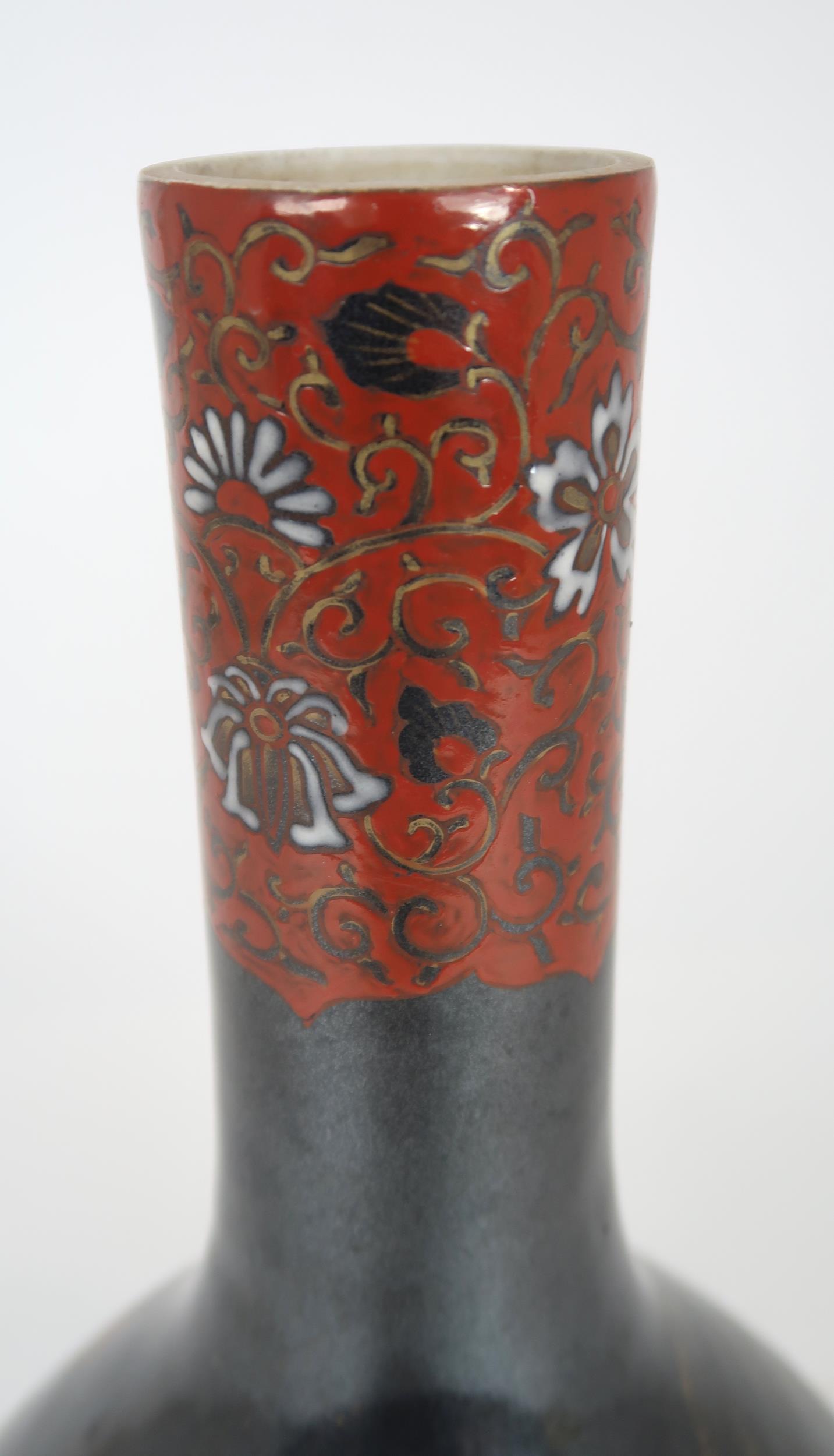 A CHINESE BALUSTER VASE  Painted with polychrome colours on a dark ground with birds amongst - Image 9 of 9