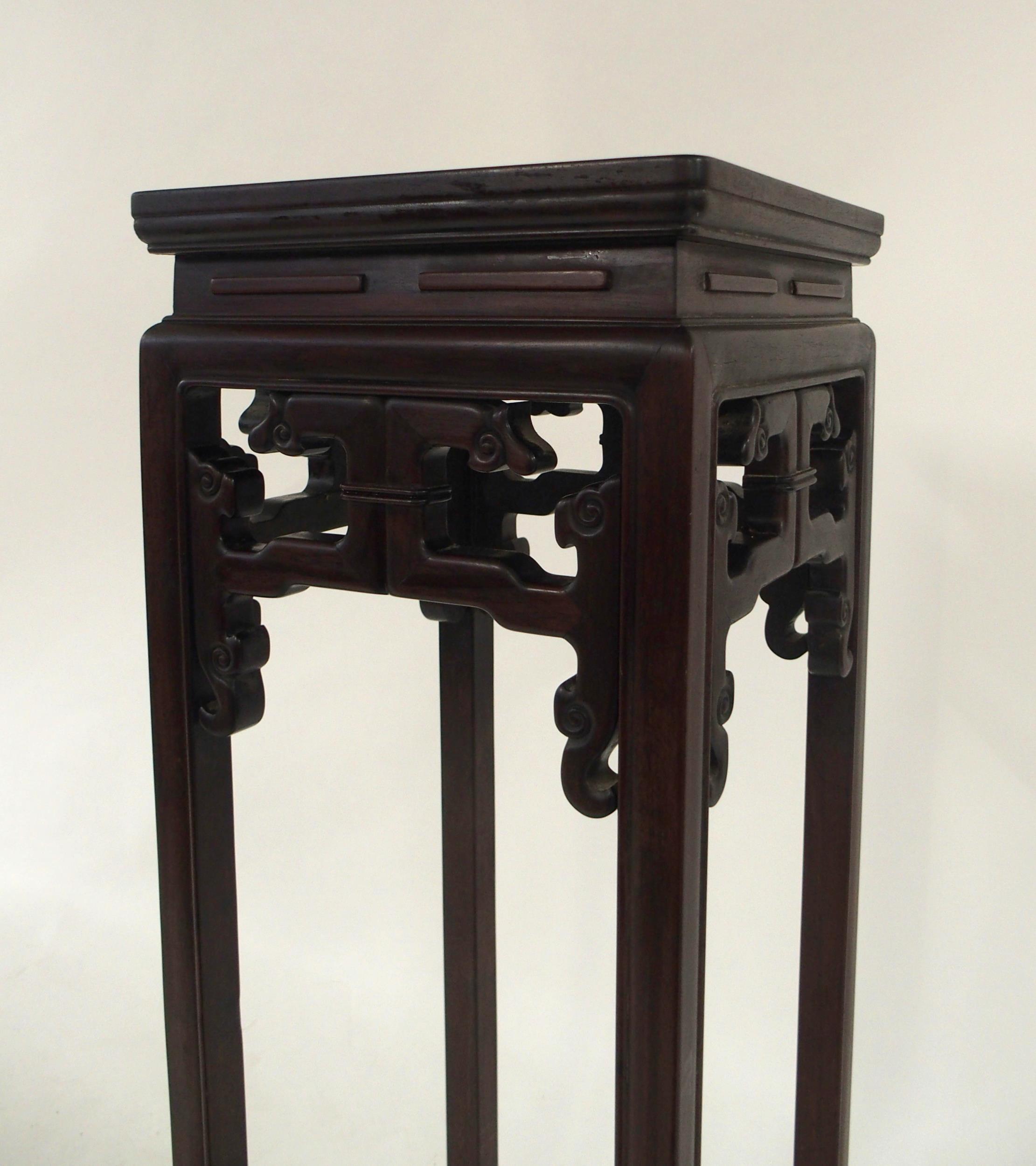 A 20TH CENTURY CHINESE HARDWOOD PLANT PEDESTAL with square top over carved fretwork friezes on - Image 2 of 8