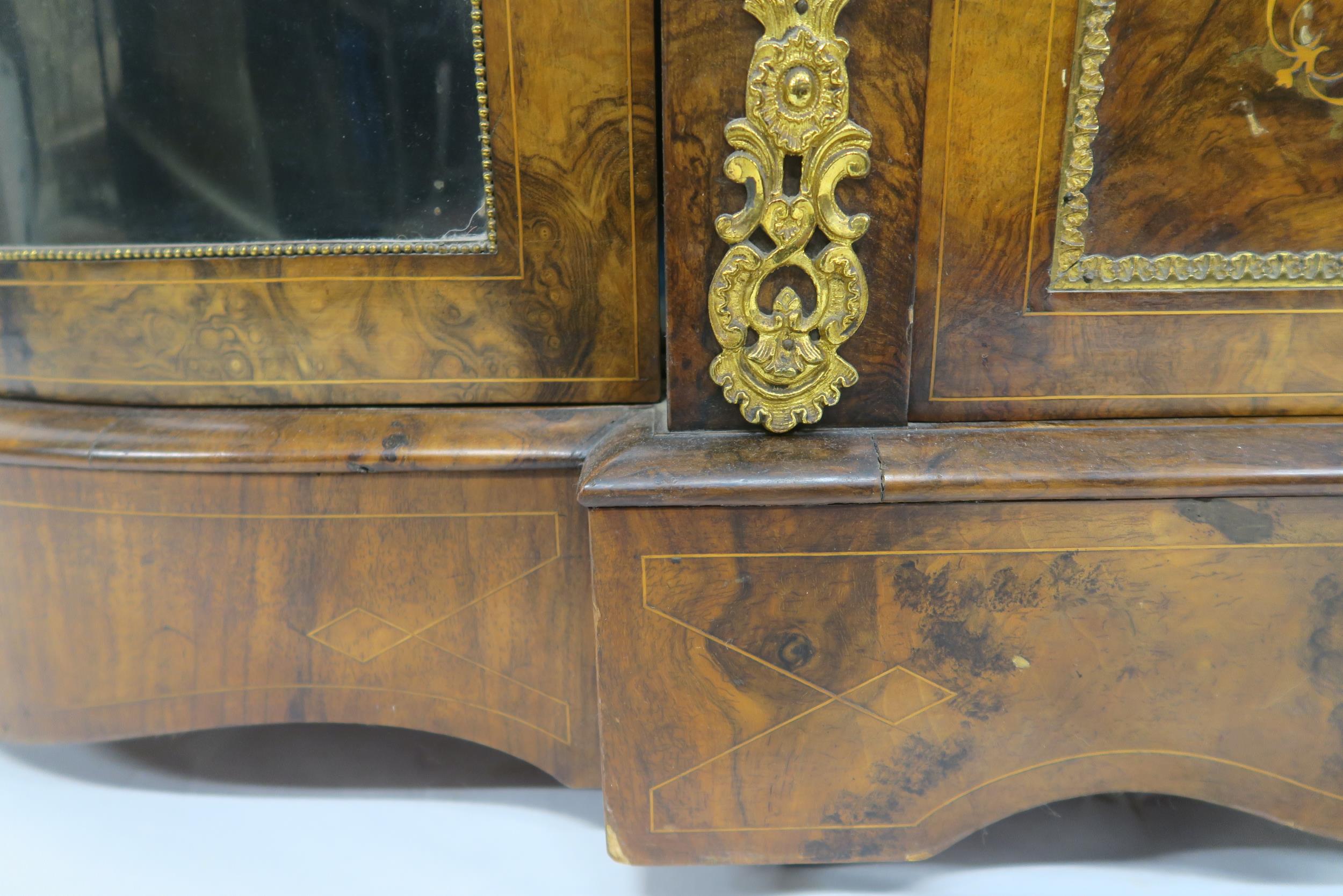 A VICTORIAN BURR WALNUT AND SATINWOOD INLAID CREDENZA with central cabinet door flanked by curved - Image 14 of 18