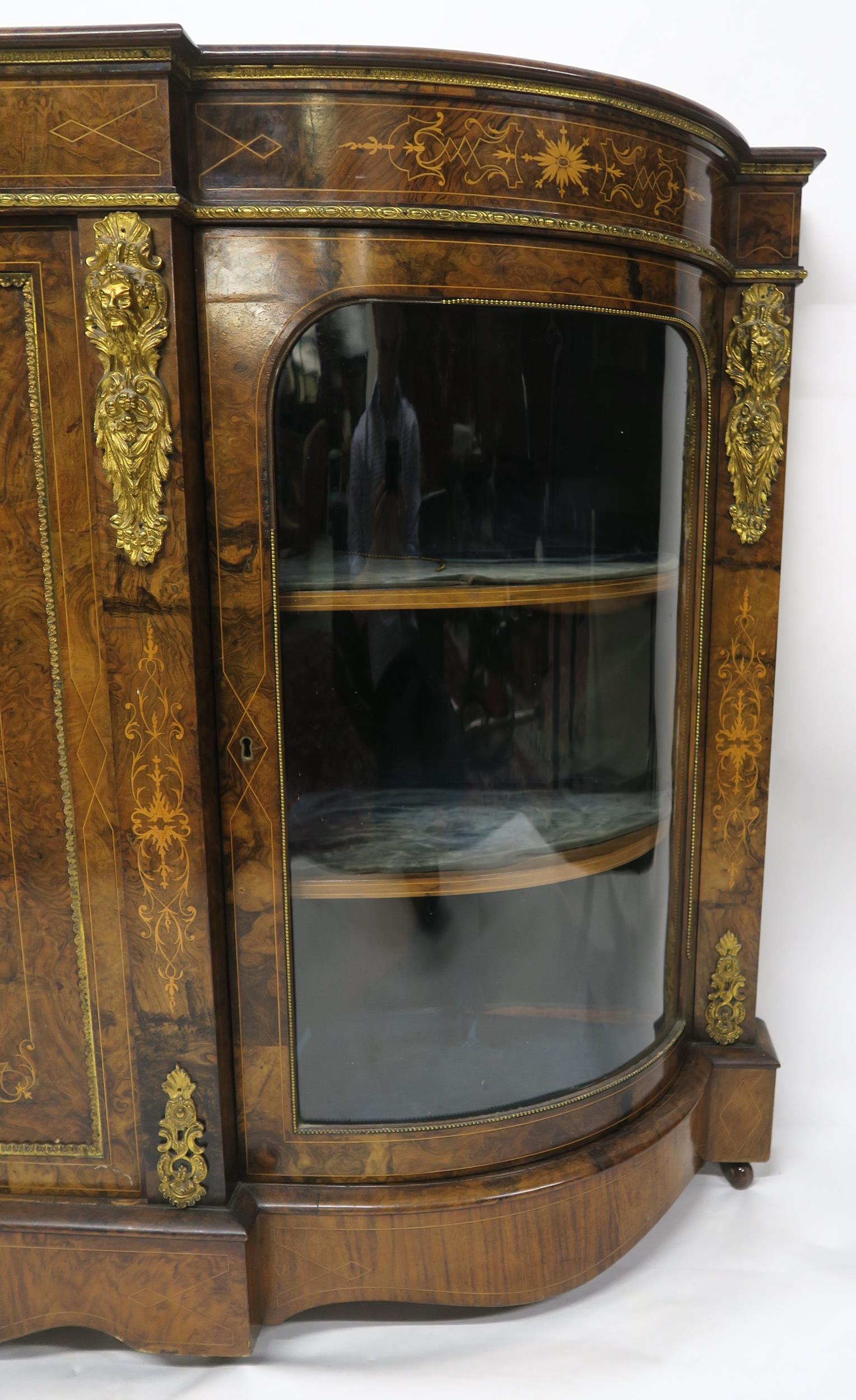 A VICTORIAN BURR WALNUT AND SATINWOOD INLAID CREDENZA with central cabinet door flanked by curved - Image 6 of 18