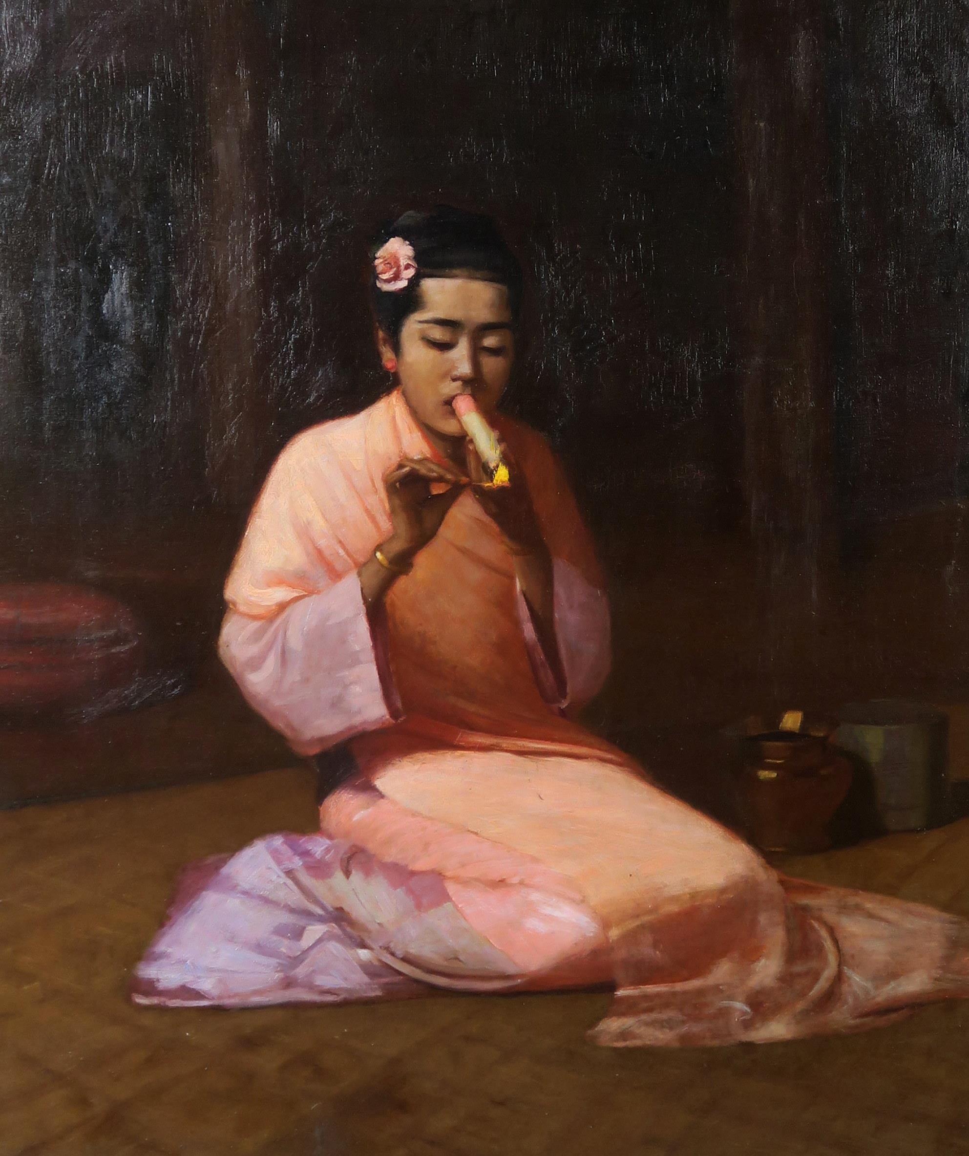 JAMES RAEBURN MIDDLETON (BRITISH 1855-1931) BURMESE GIRL KNEELING Oil on canvas, signed lower