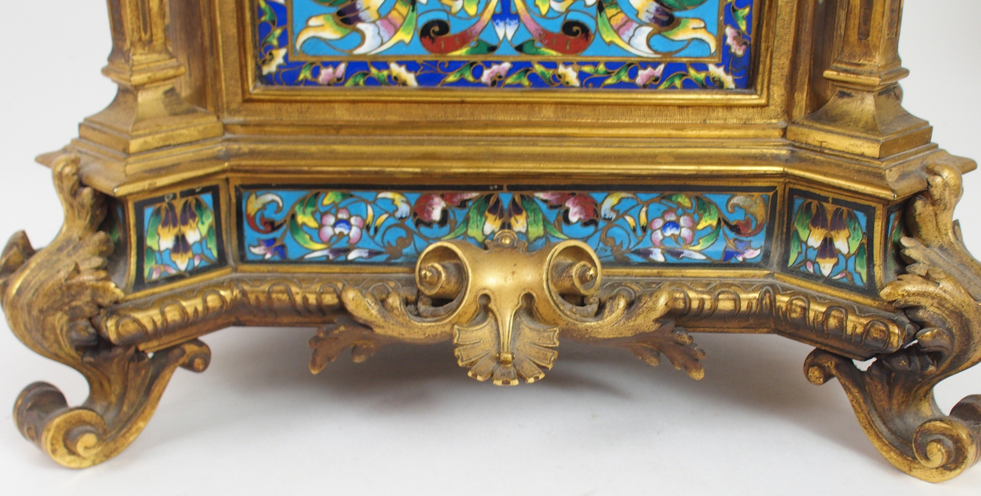 AN IMPRESSIVE 19TH CENTURY FRENCH CHAMPLEVE ENAMEL MANTLE CLOCK the urn mounted top with griffin han - Image 5 of 15