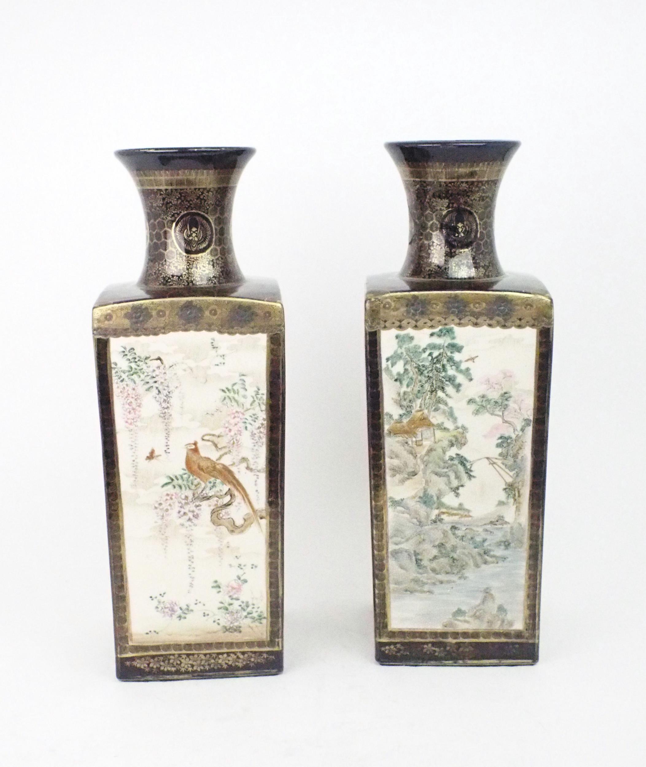 A PAIR OF SATSUMA SQUARE VASES  Painted with panels of figures, landscapes and birds, divided by - Image 2 of 9