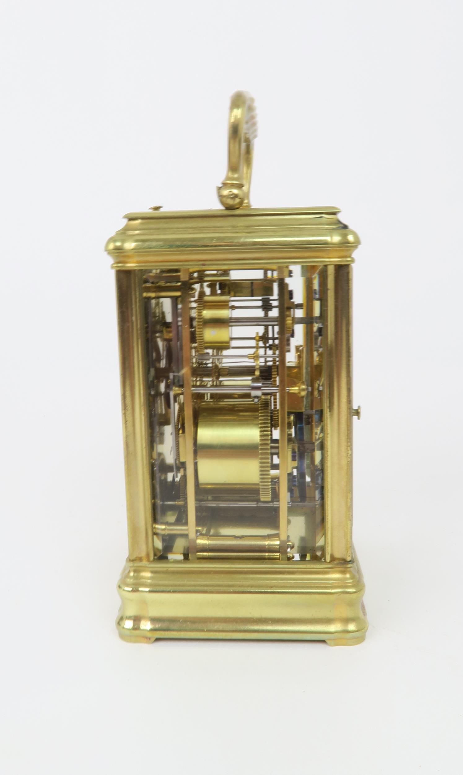 A FRENCH BRASS AND GLASS REPEATING CARRIAGE CLOCK by Drocourt for J. W. Benson, London with striking - Image 2 of 5