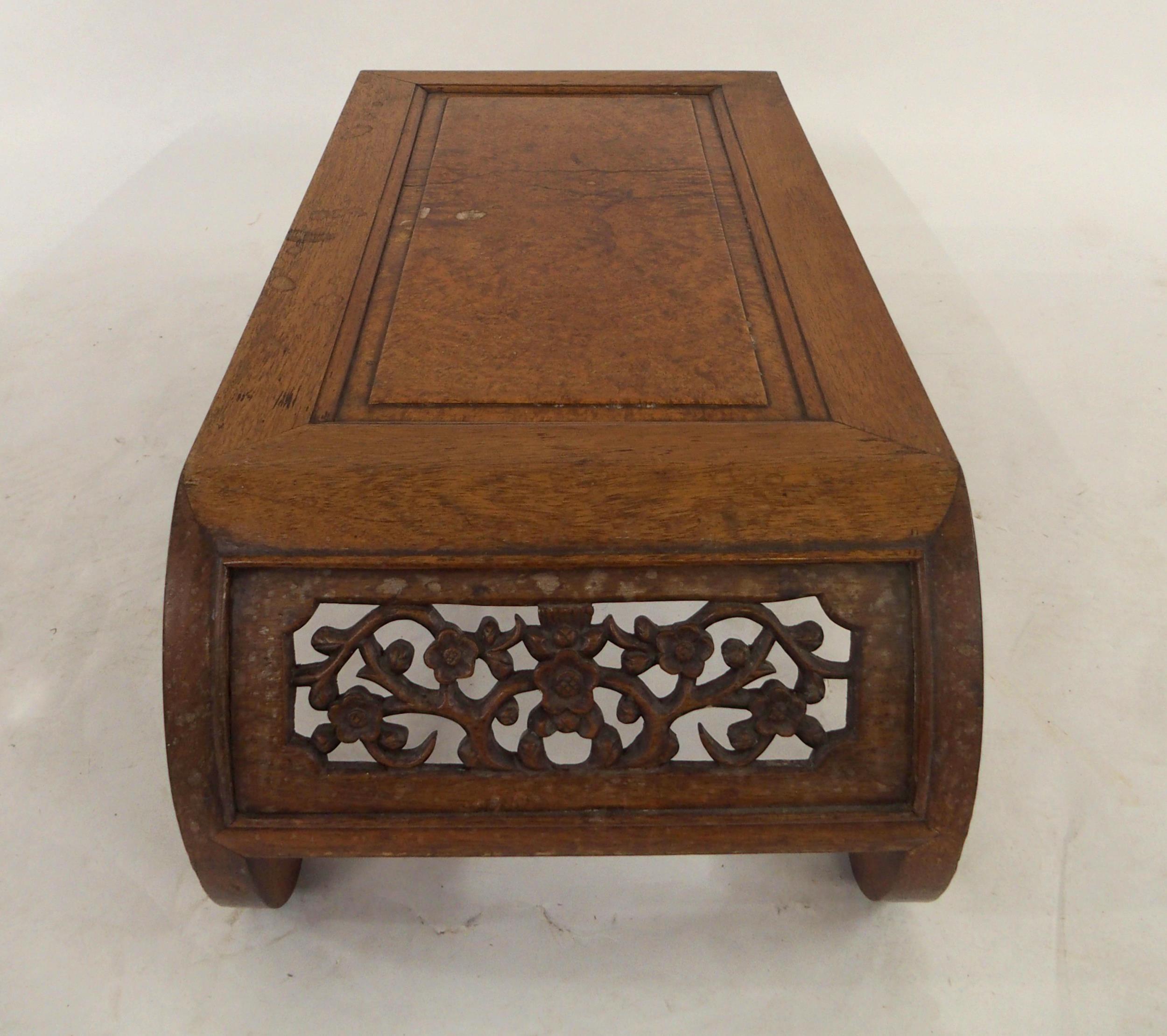 A 20TH CENTURY CHINESE HARDWOOD LOW TABLE with central birds eye maple panel, carved floral fretwork - Image 6 of 7