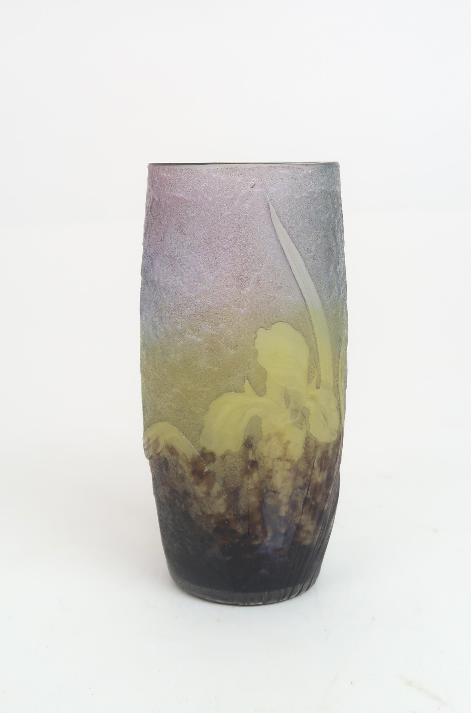 A DAUM NANCY CAMEO GLASS VASE the textured mottled body in shades of yellow, blue and violet,