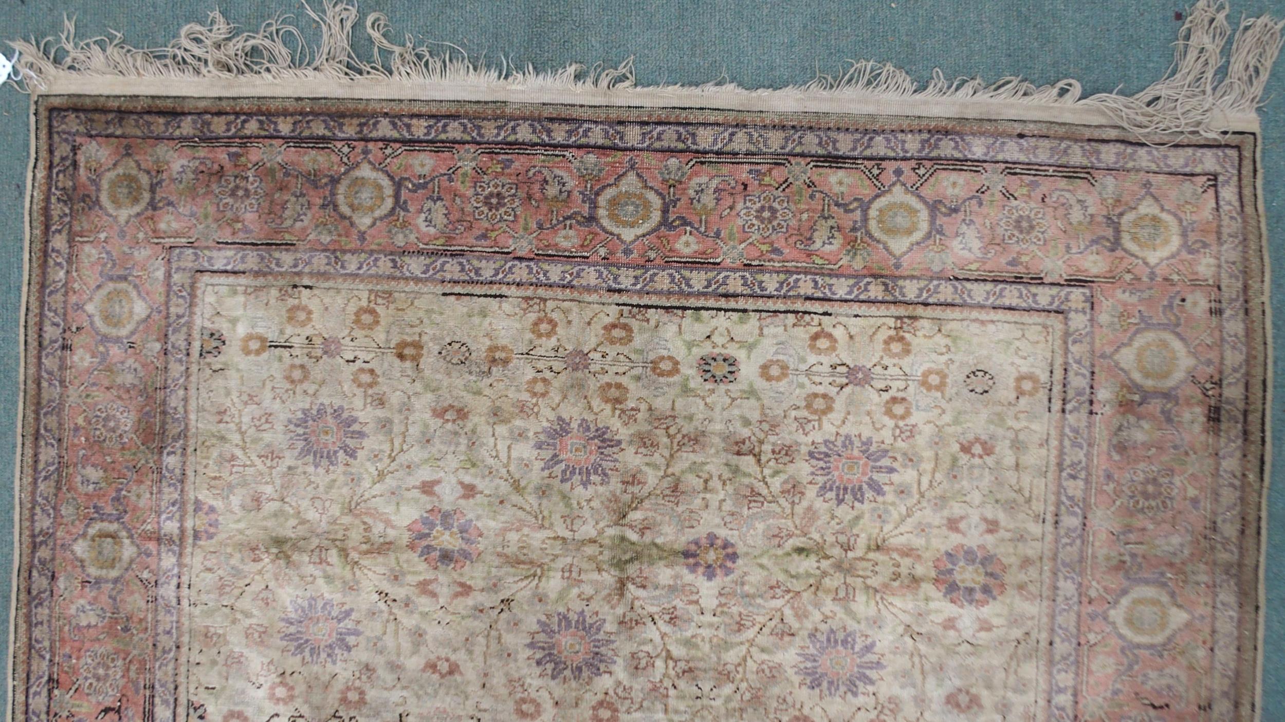 A CREAM GROUND SILK AND WOOL PERSIAN RUG with floral foliate all-over design and pink borders, 185cm - Image 4 of 7