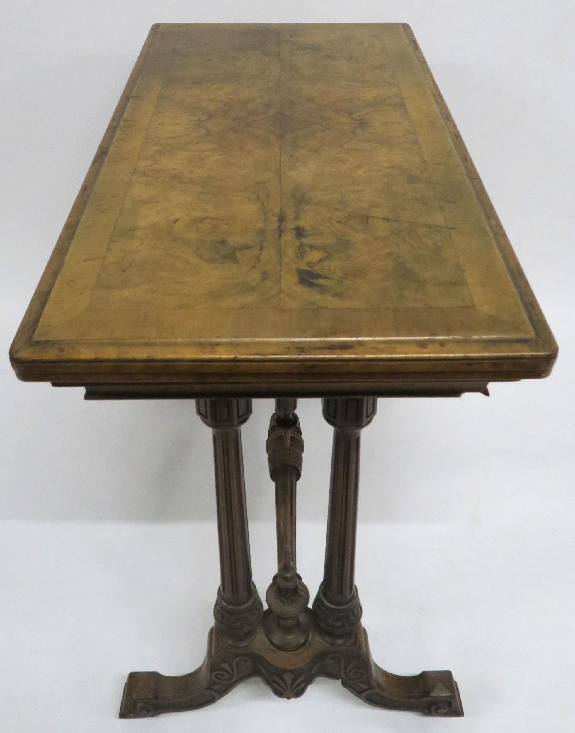 A VICTORIAN BURR WALNUT FOLD-OVER CARD TABLE with rectangular quarter-veneered top concealing shaped - Image 3 of 9