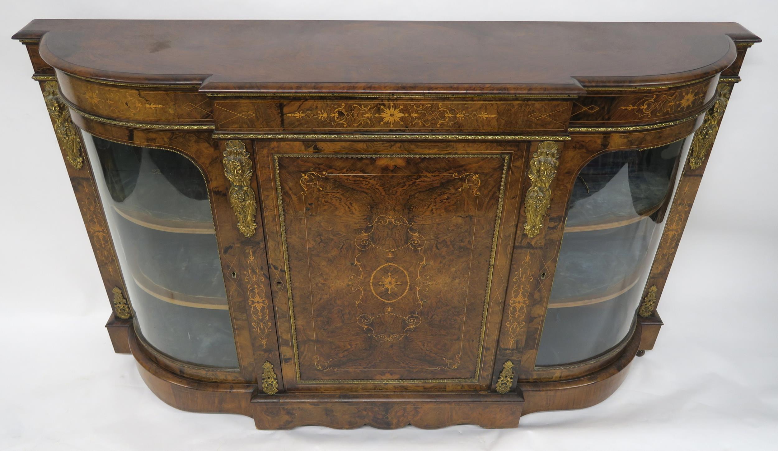 A VICTORIAN BURR WALNUT AND SATINWOOD INLAID CREDENZA with central cabinet door flanked by curved - Image 2 of 18