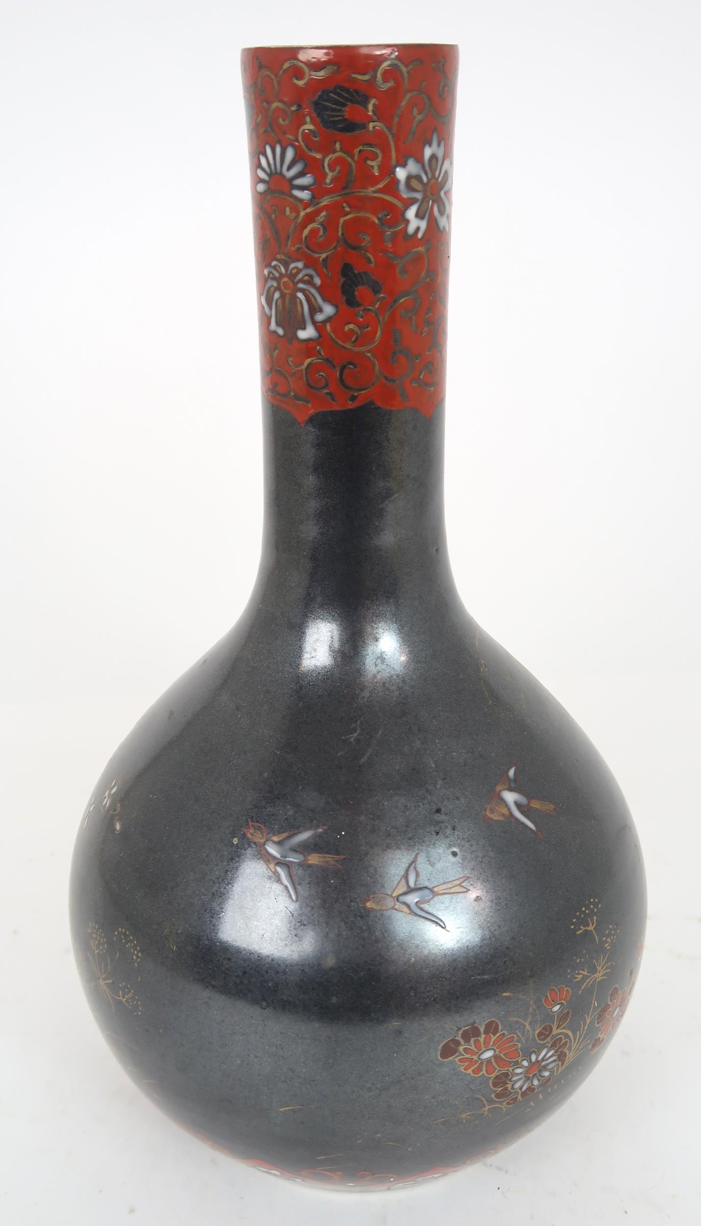 A CHINESE BALUSTER VASE  Painted with polychrome colours on a dark ground with birds amongst - Image 3 of 9