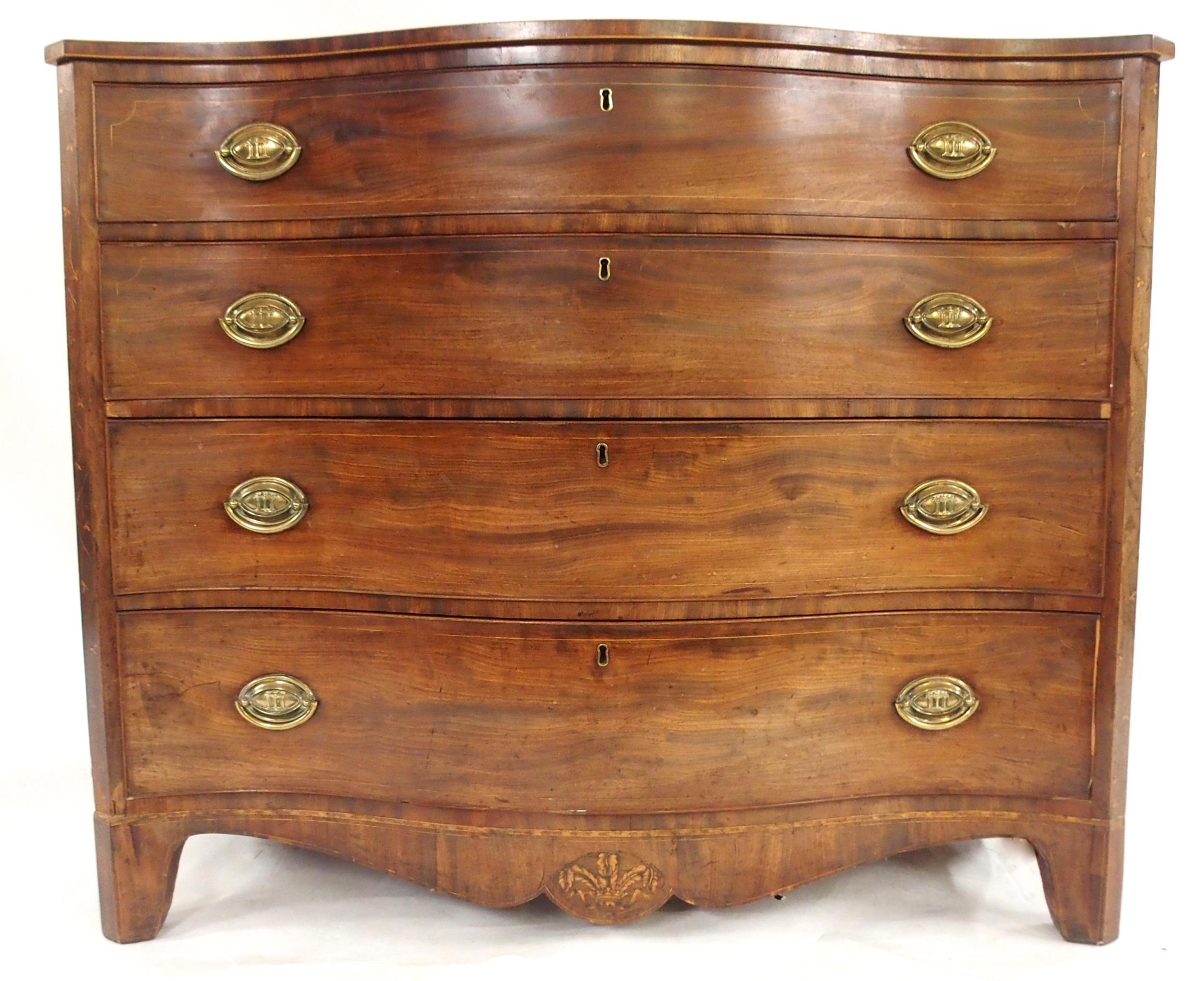 A GEORGIAN MAHOGANY SERPENTINE FRONT CHEST OF FOUR DRAWERS with satinwood inlays to sides and - Image 3 of 12