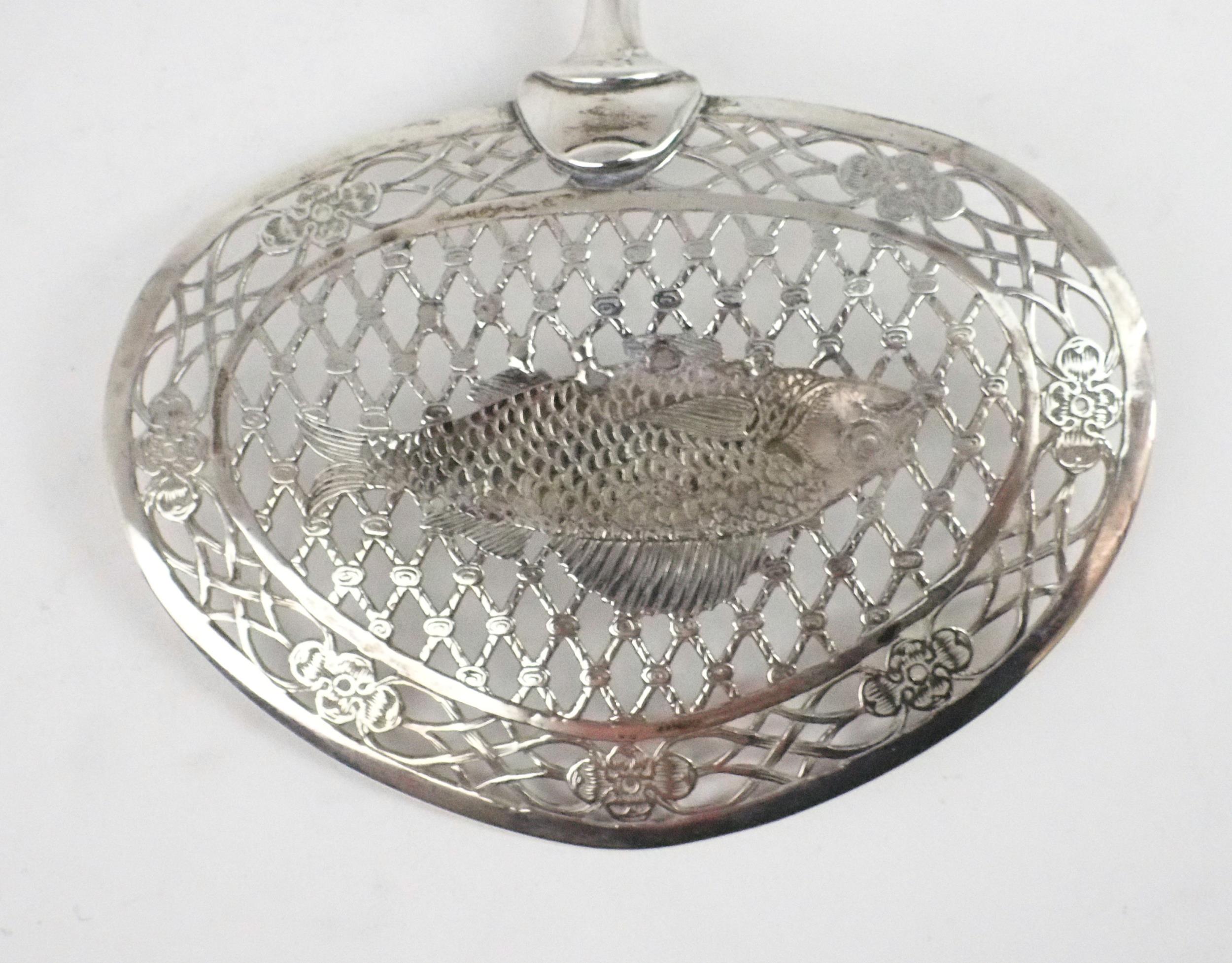 A DUTCH SILVER FISH SLICE the bowl of reticulated oval form resembling a fish caught in a net, - Image 4 of 7