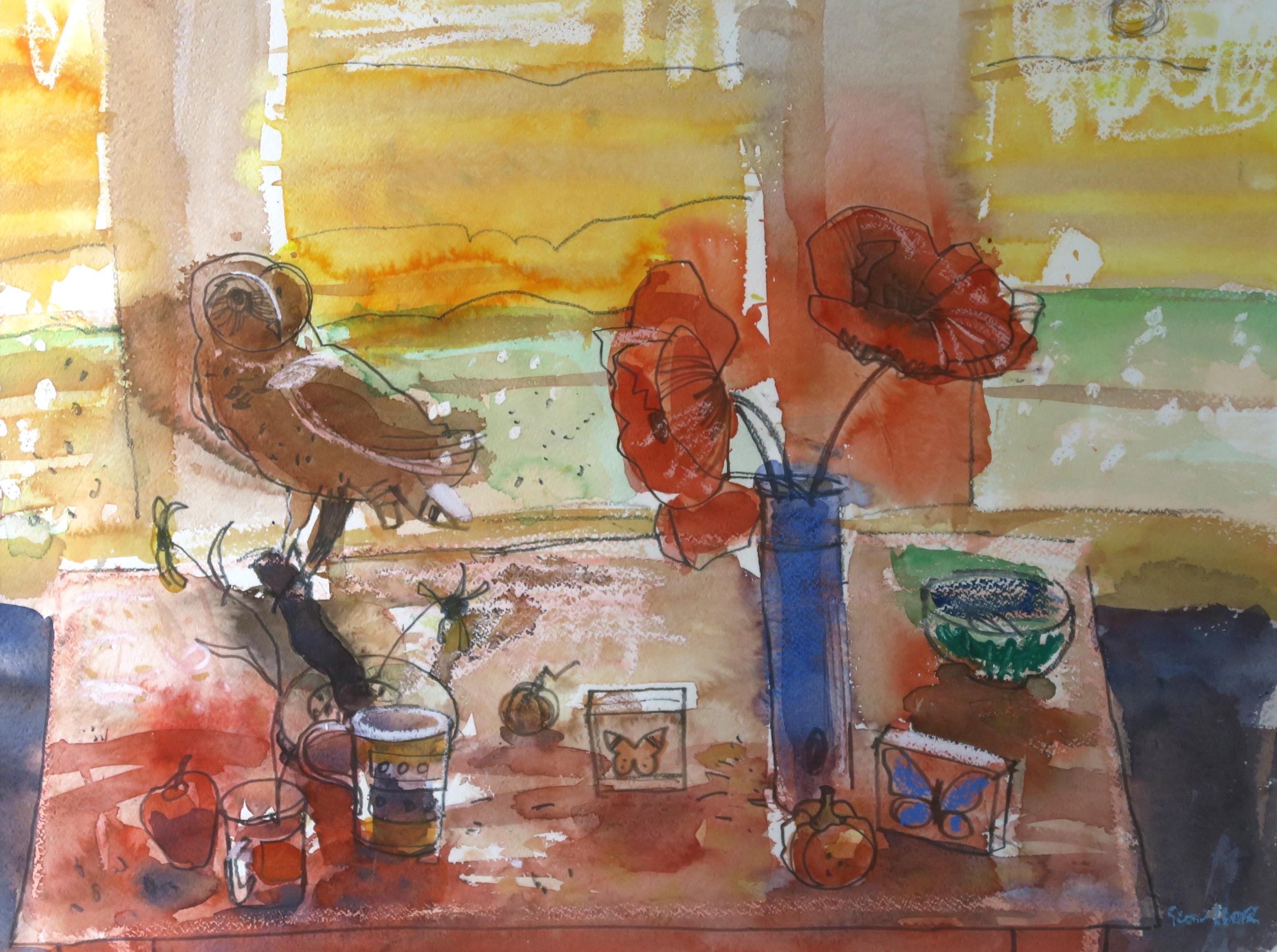 GLEN SCOULLAR RSW RGI (SCOTTISH b.1950) STILL LIFE, OWL, POPPIES AND SUNSET  Mixed media, signed