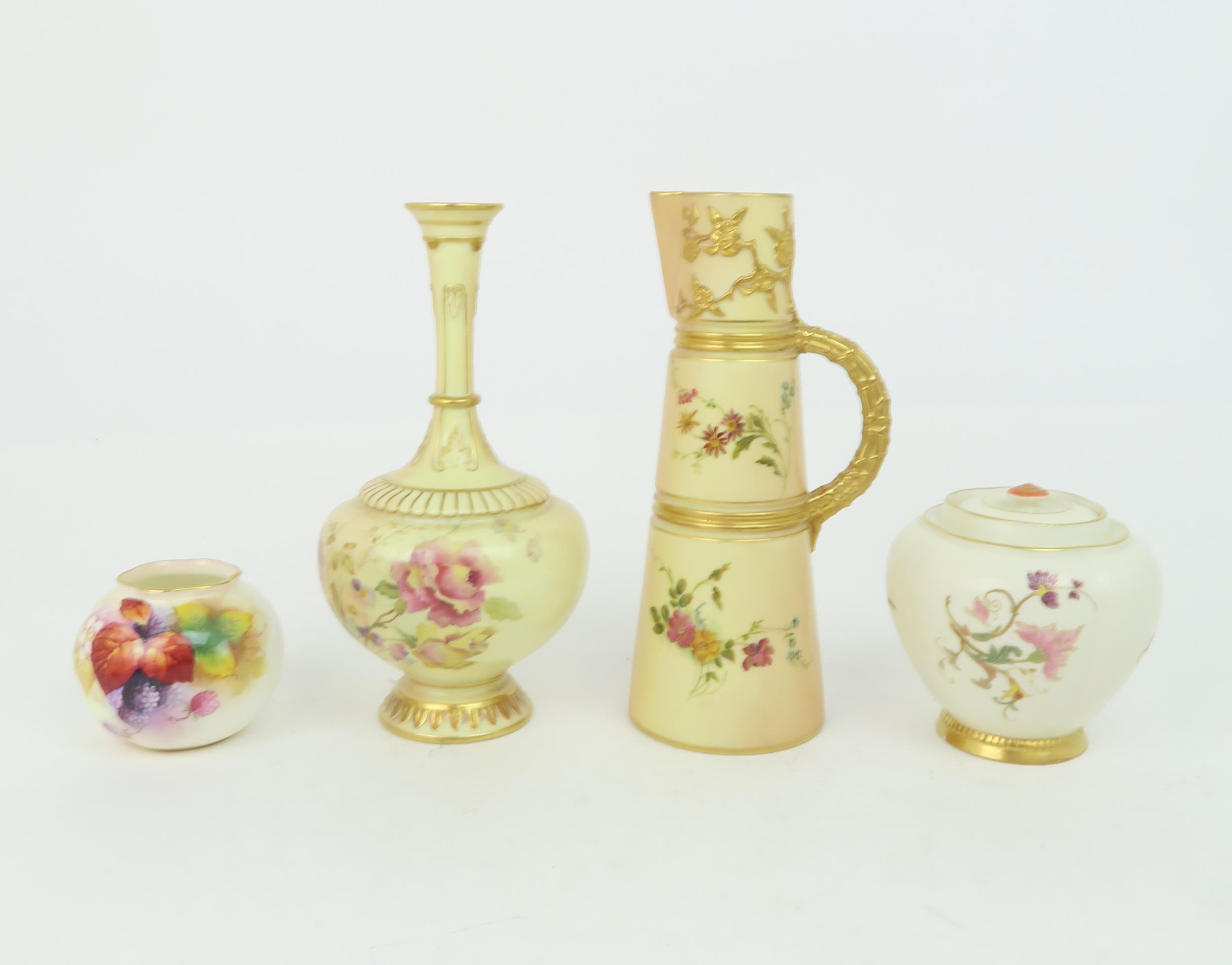 A COLLECTION OF ROYAL WORCESTER PORCELAIN including a Kitty Blake bramble painted flower vase,