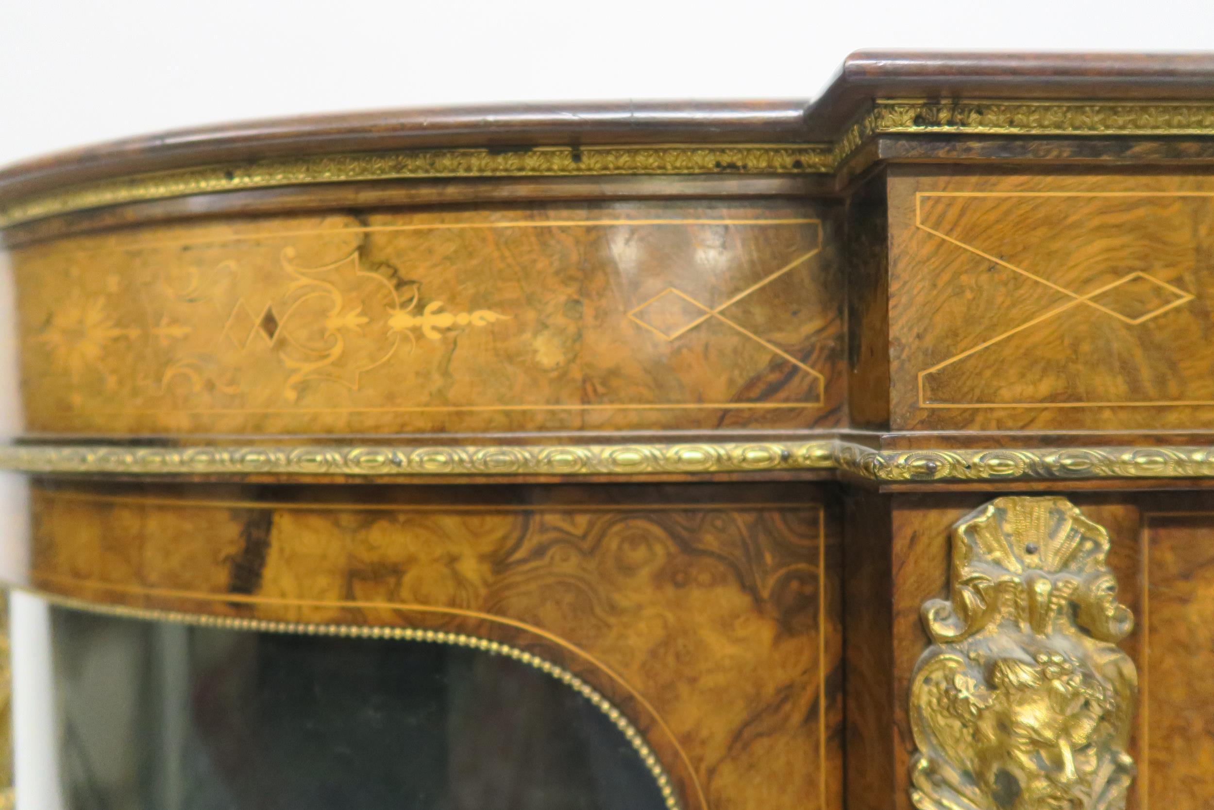 A VICTORIAN BURR WALNUT AND SATINWOOD INLAID CREDENZA with central cabinet door flanked by curved - Image 15 of 18