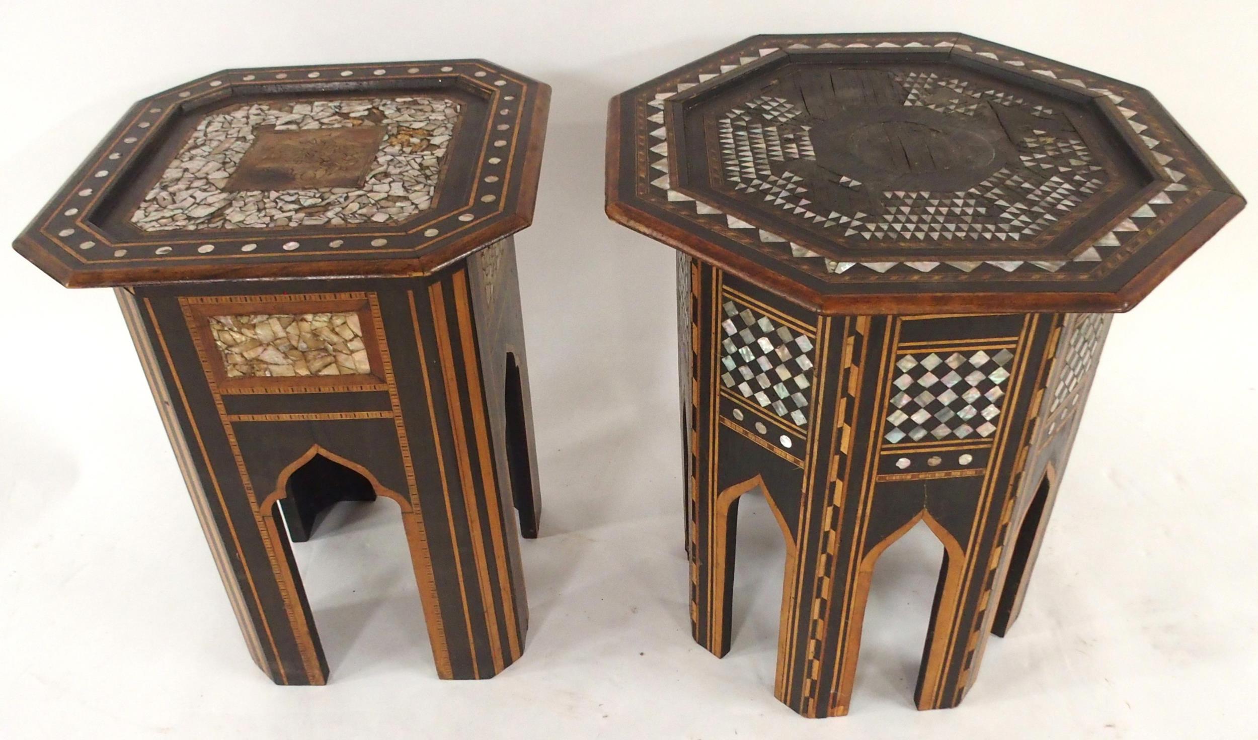 A 19TH CENTURY EBONISED MOORISH OCTAGONAL TOP OCCASIONAL TABLE AND SQUARE TOPPED TABLE both with