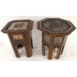 A 19TH CENTURY EBONISED MOORISH OCTAGONAL TOP OCCASIONAL TABLE AND SQUARE TOPPED TABLE both with