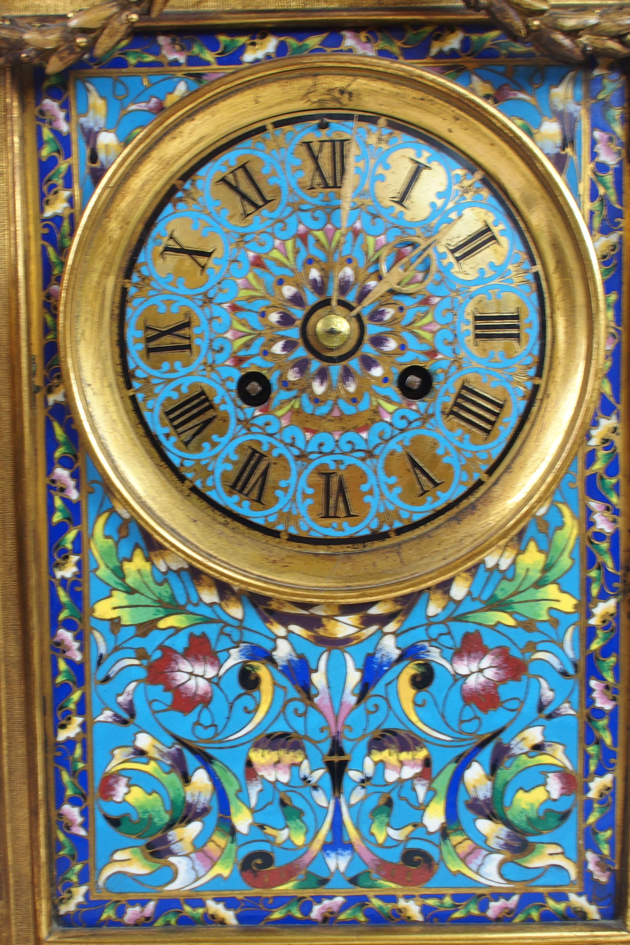 AN IMPRESSIVE 19TH CENTURY FRENCH CHAMPLEVE ENAMEL MANTLE CLOCK the urn mounted top with griffin han - Image 3 of 15