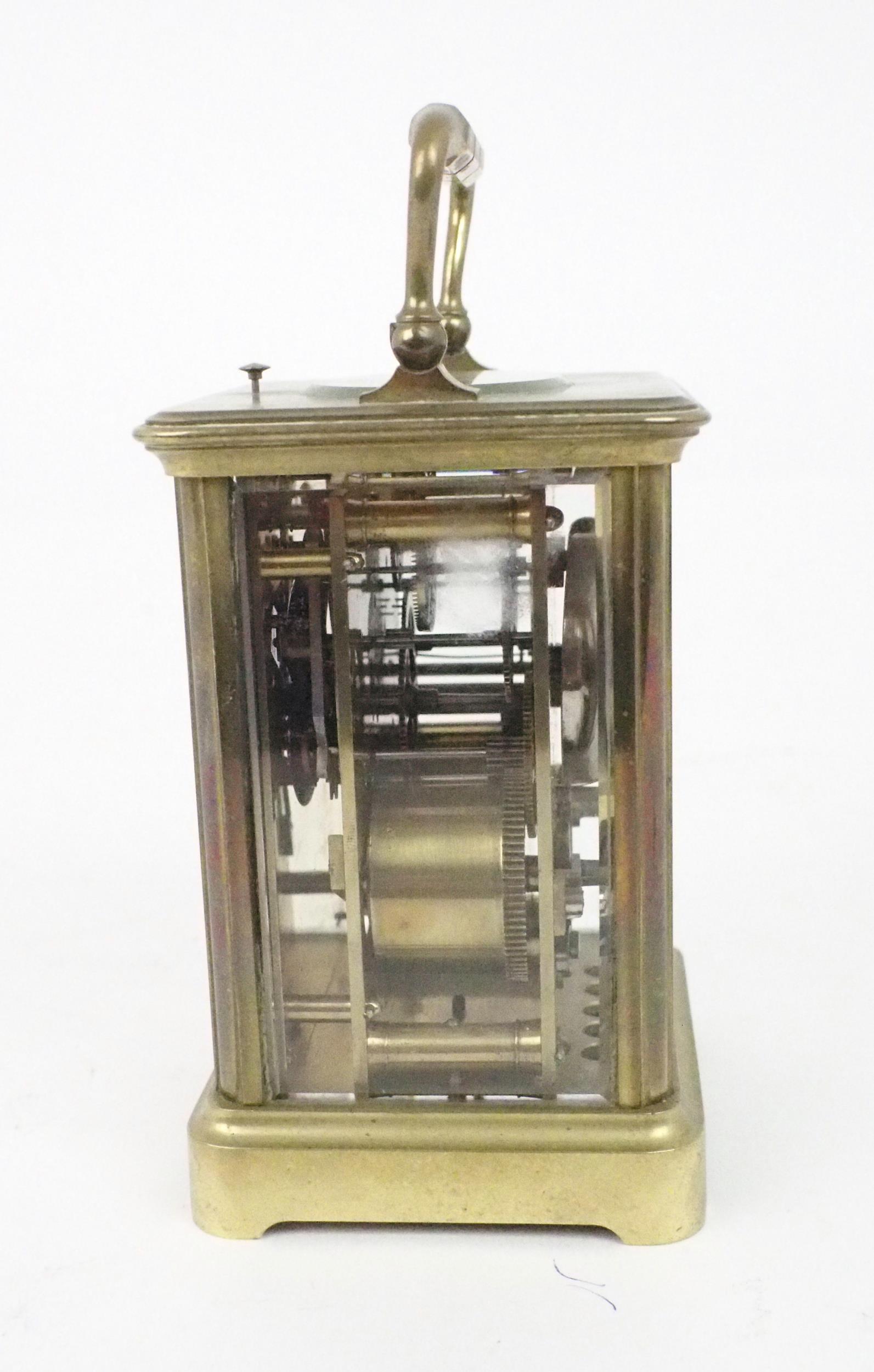 A MERCIER AND FILS GENEVE BRASS REPEATING CARRIAGE CLOCK the white dial with roman numerals, the - Image 3 of 6