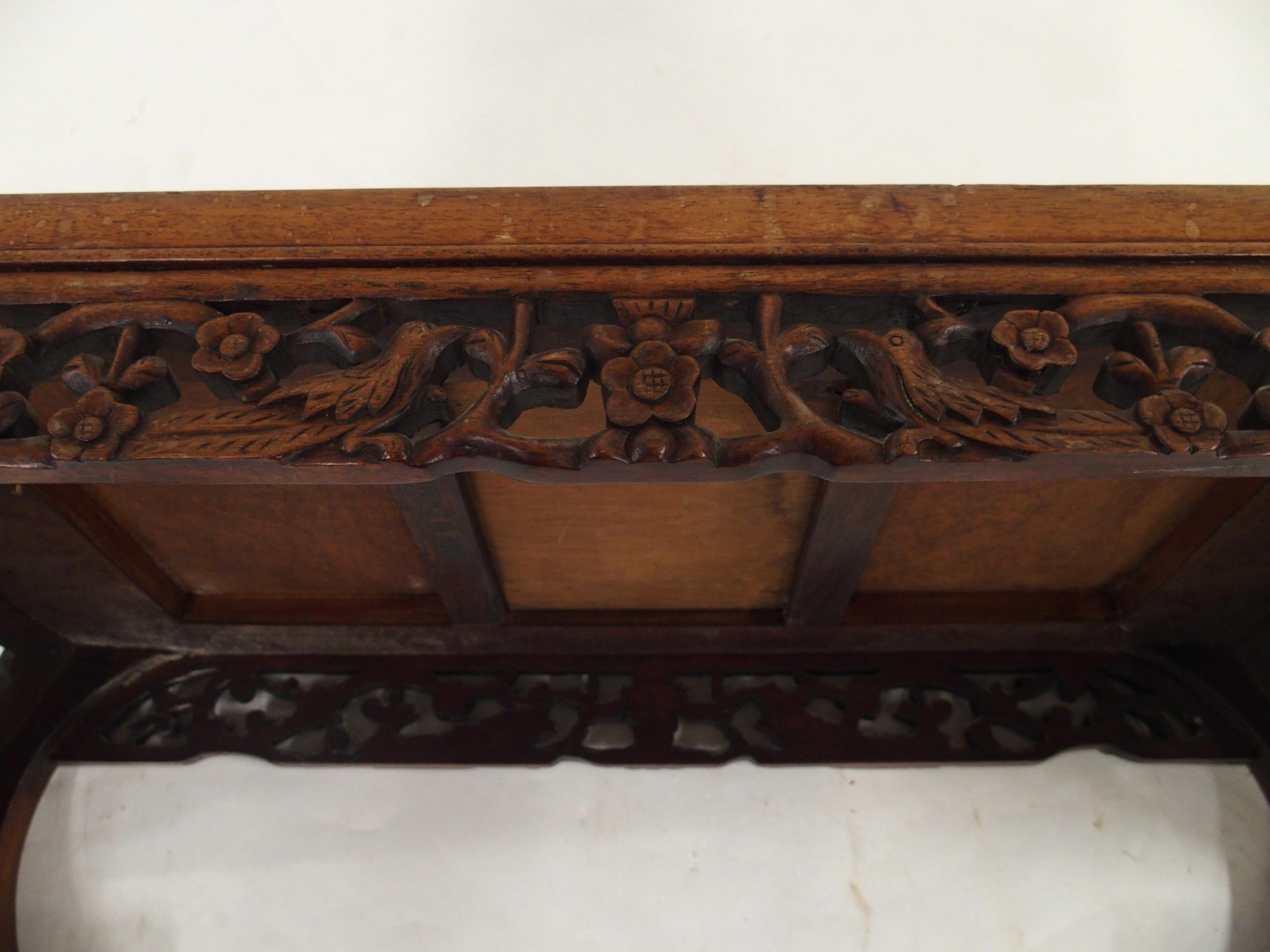 A 20TH CENTURY CHINESE HARDWOOD LOW TABLE with central birds eye maple panel, carved floral fretwork - Image 3 of 7