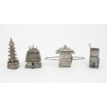 A CHINESE SILVER CRUET SET  Comprising; pagoda salt, pagoda mustard pot, sedan chaie pot and brick
