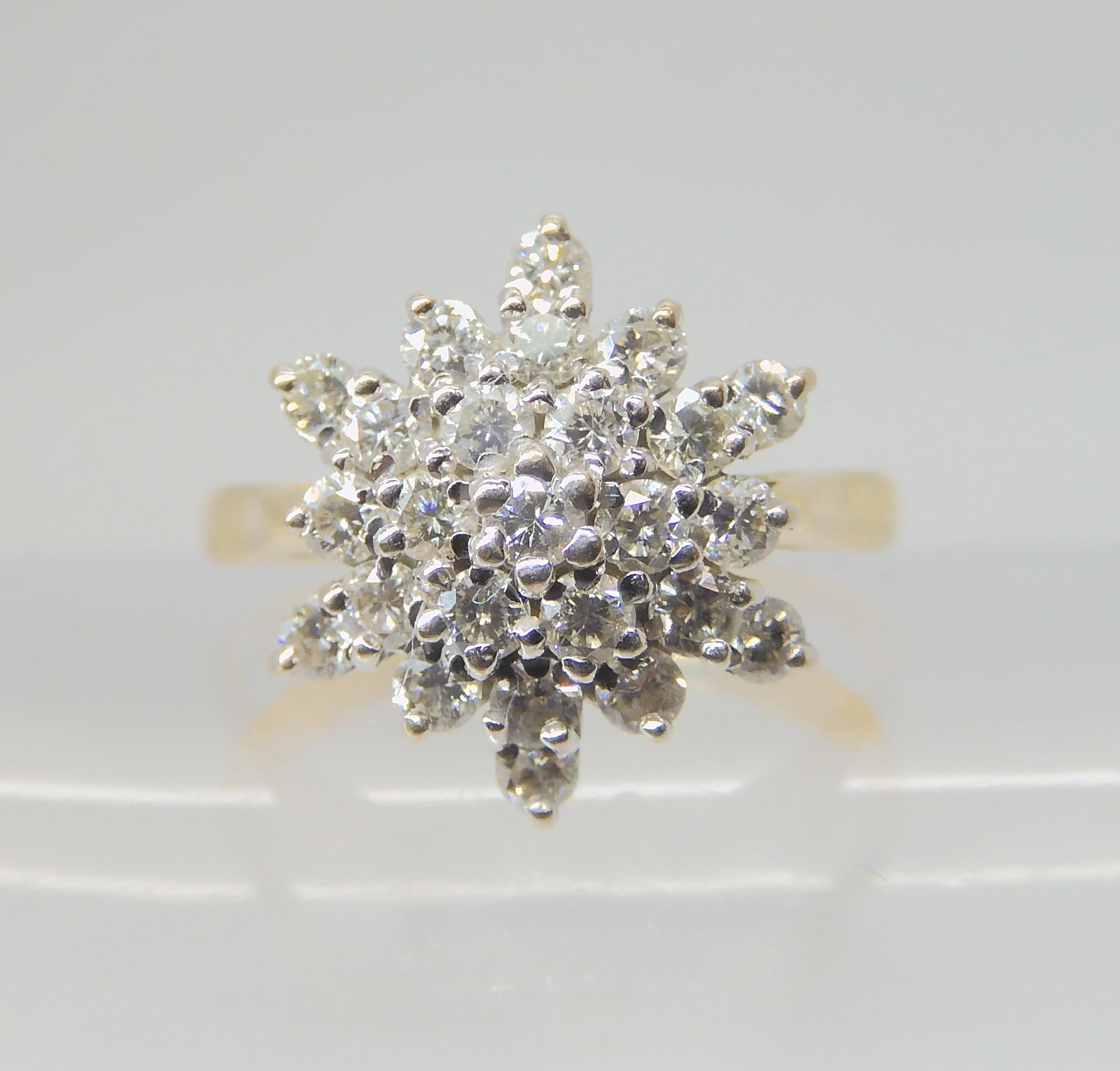 A DIAMOND SNOWFLAKE RING mounted throughout in 18ct yellow and white gold, set with estimated approx - Image 2 of 4