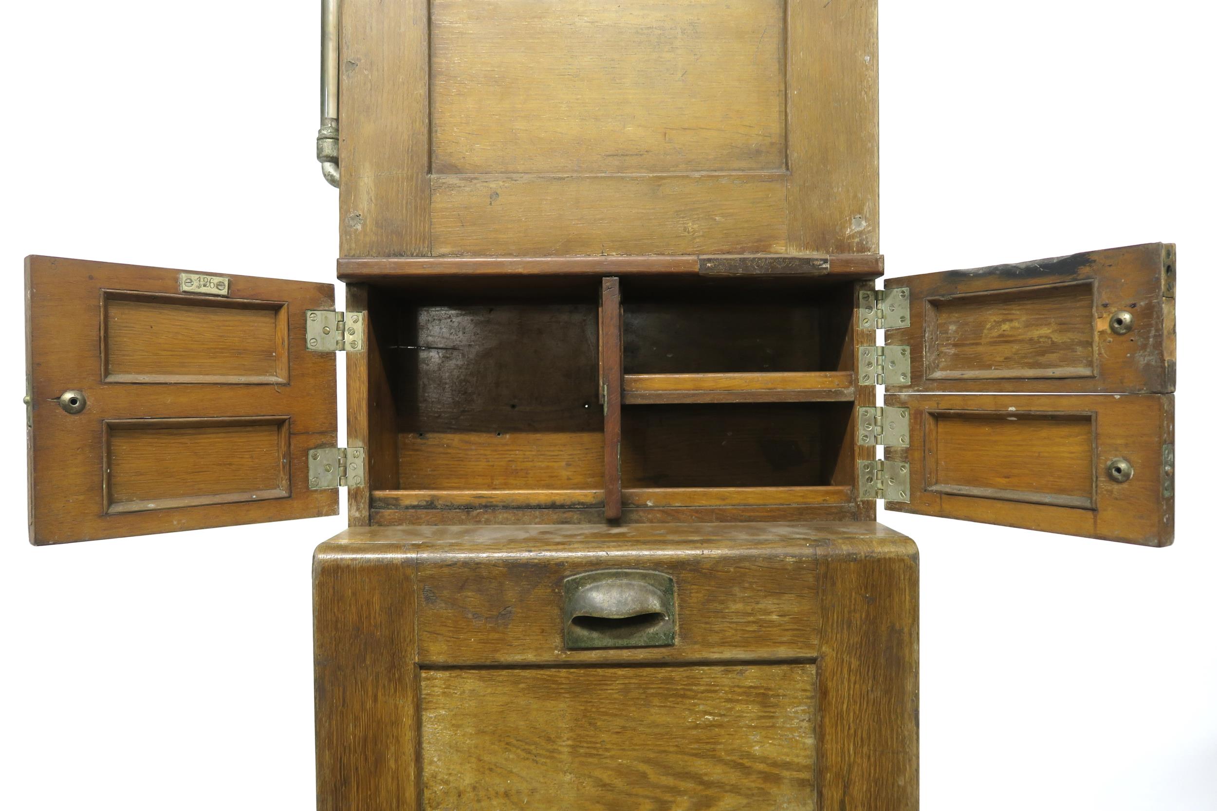 A 19/20TH CENTURY TEAK SHIPS CABIN WASH STAND with three asymmetrical cabinet doors over fall - Image 5 of 10