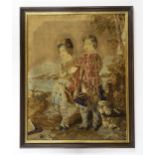 A FRAMED VICTORIAN BERLINWORK PANEL Depicting figures wearing Highland dress in a loch-side setting;